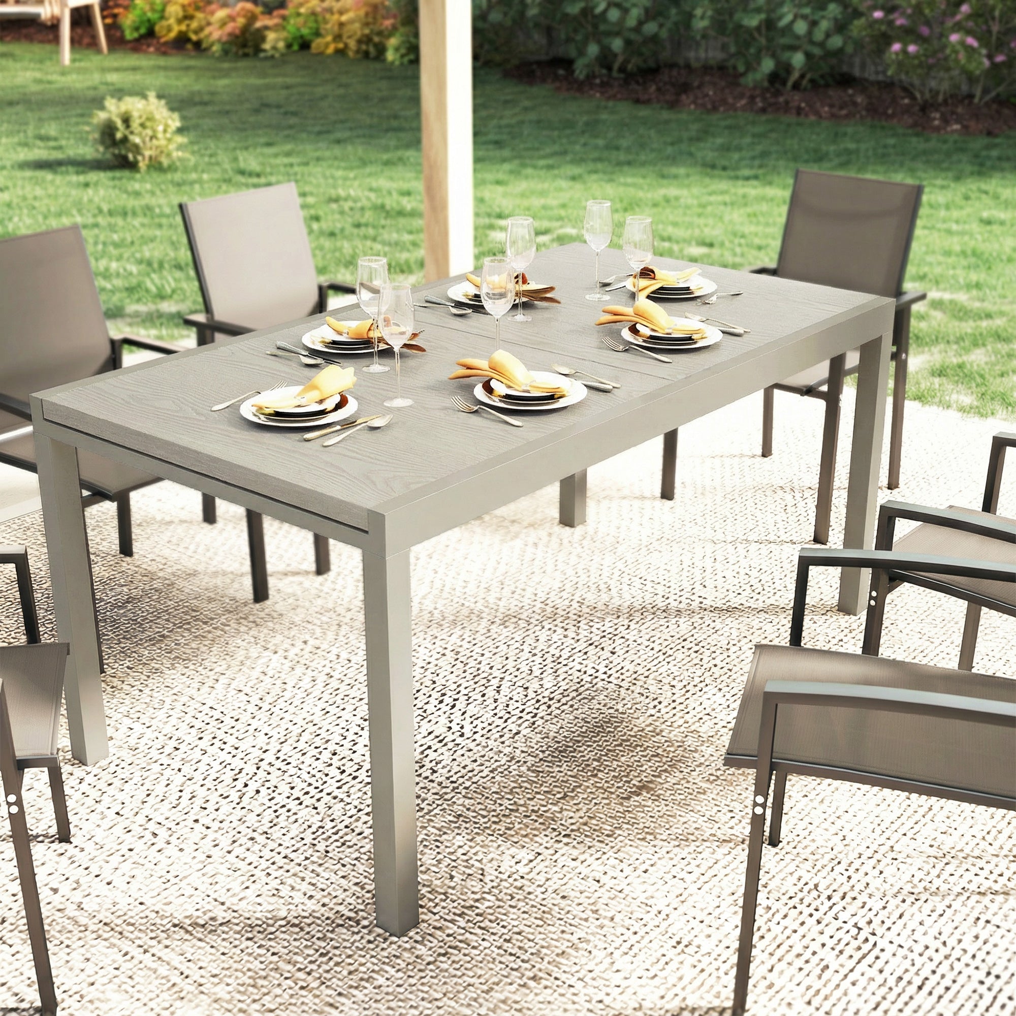 Extending Garden Table, Aluminium Outdoor Dining Table for 8-10 with Wood-Like Grained Surface, Light Grey Wood Effect