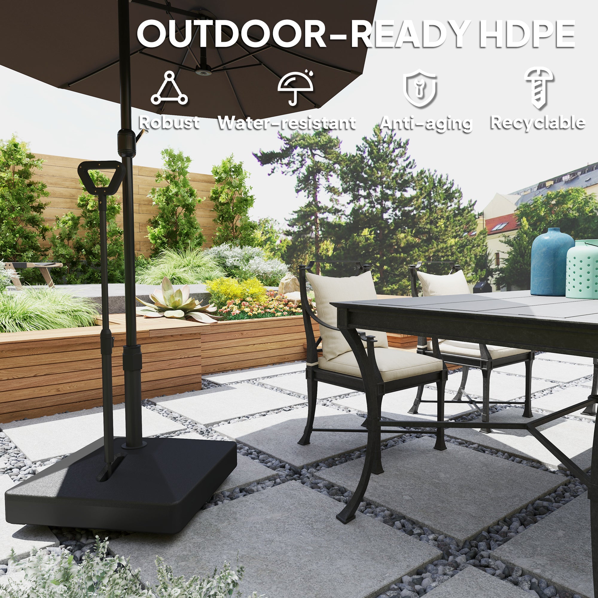 Garden Parasol Base with Adjustable Wheels and Handle, Garden Sun Umbrella Base Parasol Stand, Filled Up to 55kg with Stand, 45kg with Water for 35, 38, 48 mm Poles, Black