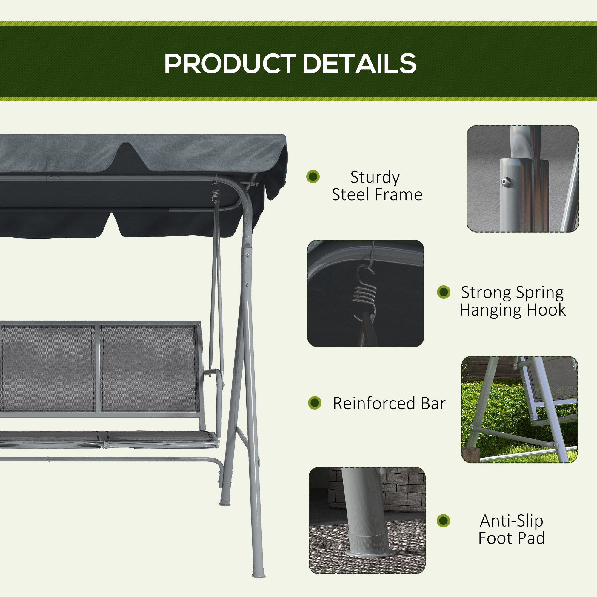 3 Seater Swing Chair, Garden Swing Bench with Adjustable Tilting Canopy, Breathable Mesh Seat and Heavy Duty Metal Frame for Patio, Garden, Dark Grey