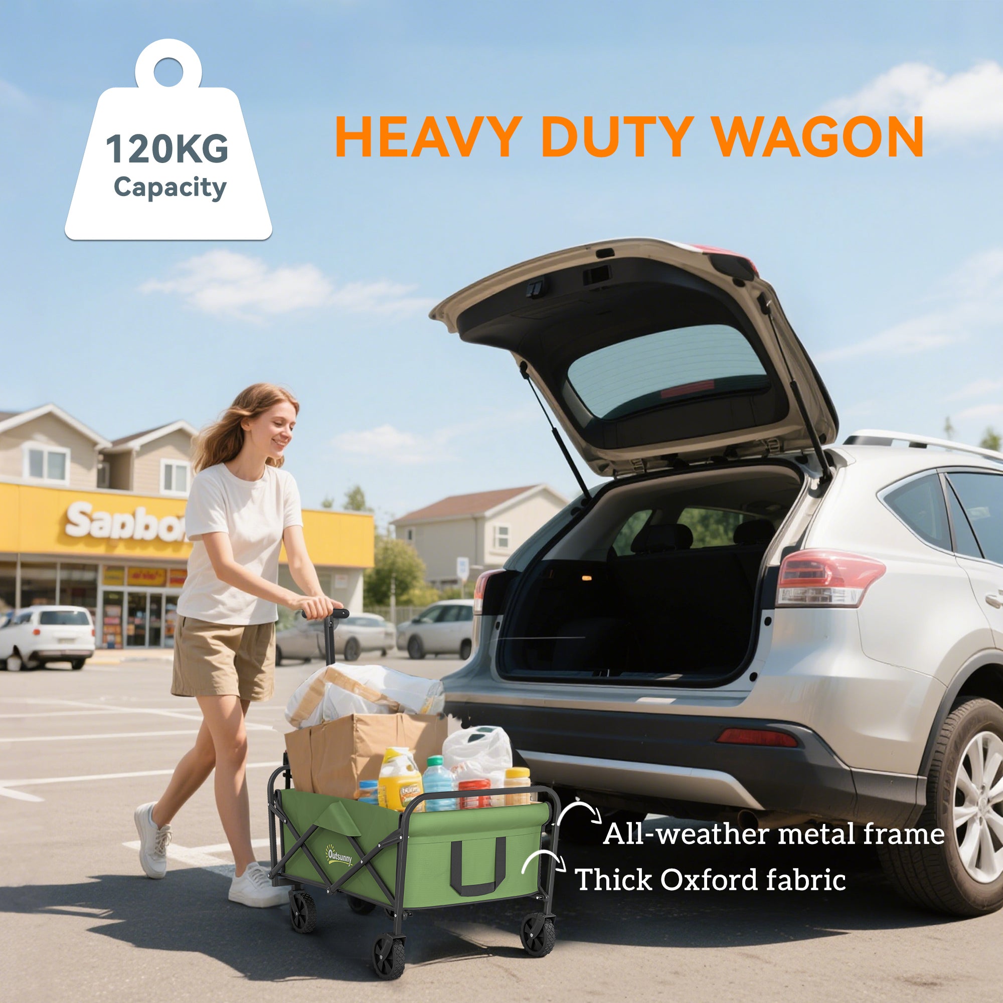 93L Festival Trolley on Wheels, Garden Folding Trolley Cart, 120kg Heavy Duty Collapsible Folding Wagon with Adjustable Handle and Carrying Bag for Beach, Camping, Festival, Green