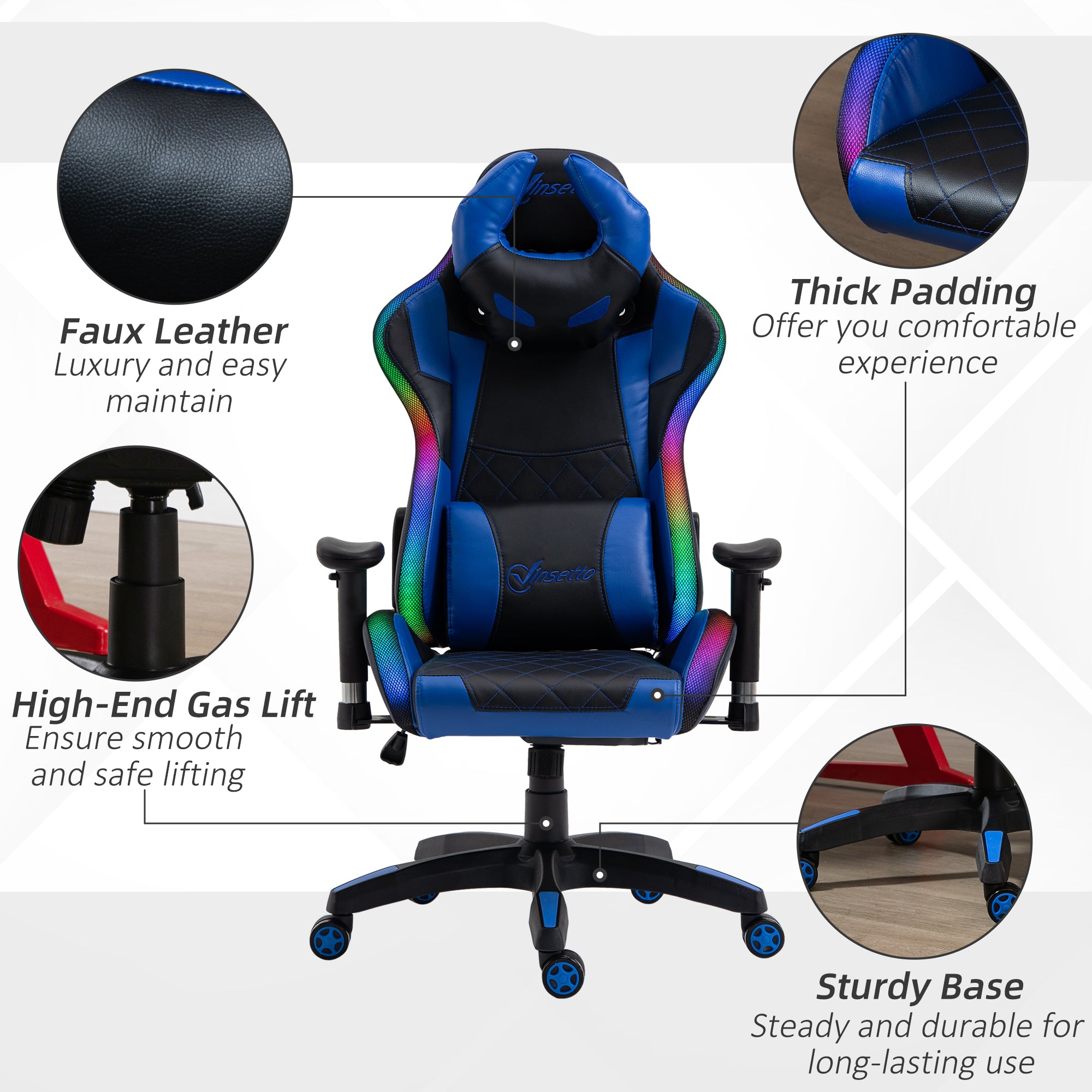 Racing Gaming Chair with RGB LED Light, Lumbar Support, Swivel Home Office Computer Recliner High Back Gamer Desk Chair, Black Blue