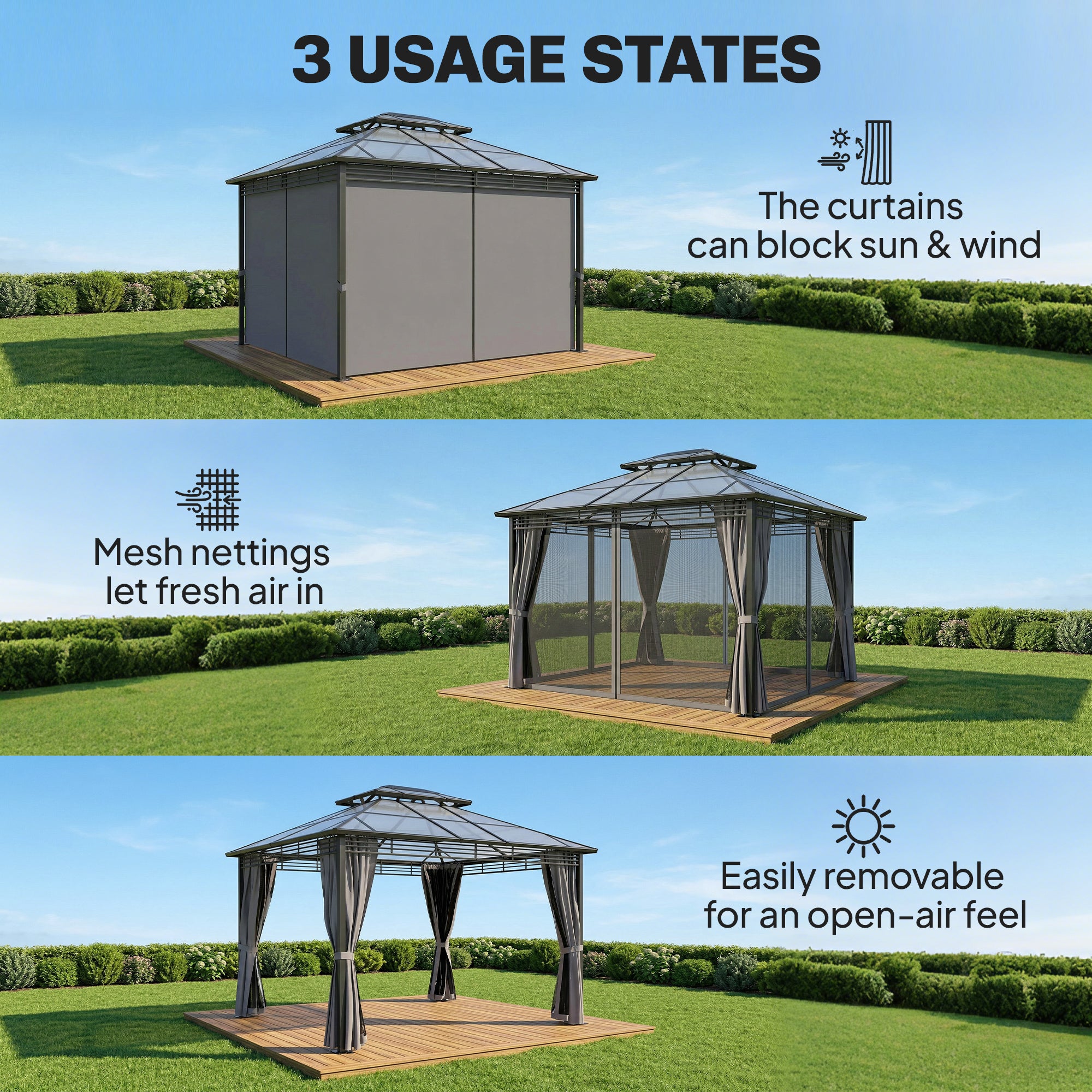 3 x 3.6 m Outdoor Hardtop Gazebo Canopy with 2-Tier Roof, Permanent Pavilion Garden Metal Gazebo with Sides, Dark Grey