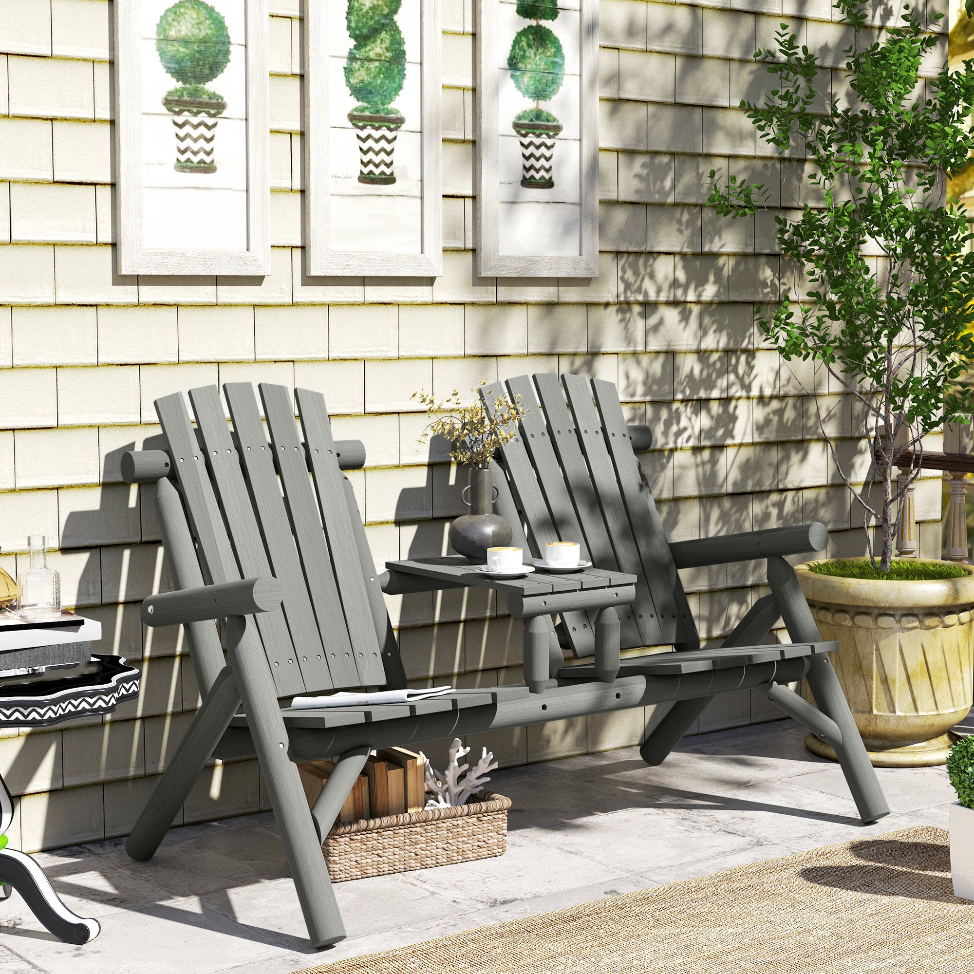 2 Piece Wood Patio Bench Set with Centre Coffee Table - Grey