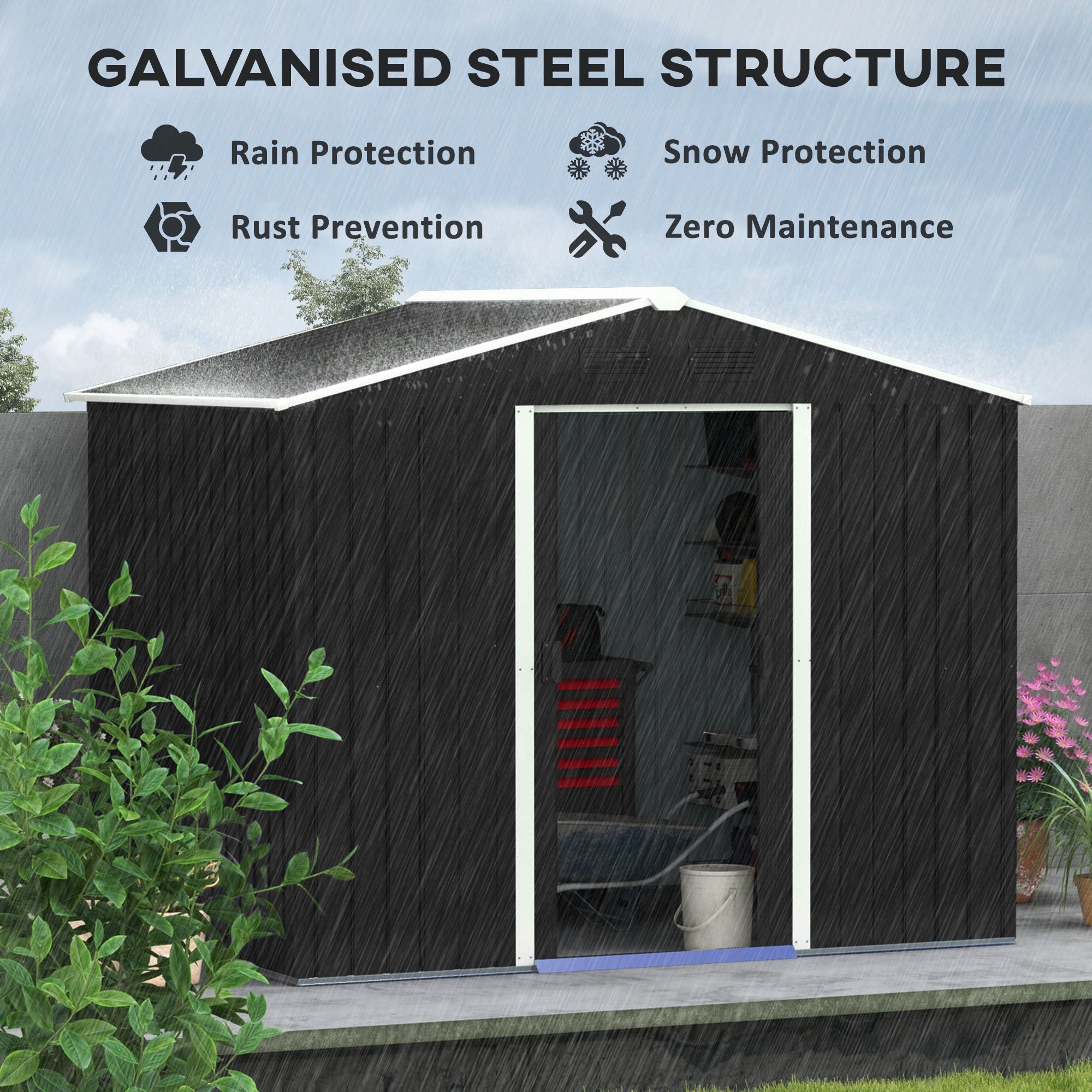 7.7 x 5.7ft Metal Garden Shed, Galvanised Outdoor Tool Storage House with Ventilation Slots and Sliding Doors, Grey