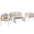 4 Piece Rattan Garden Furniture Set with Loveseat, 2 Armchairs, Table, Metal Frame Patio Conversation Set, Cream White