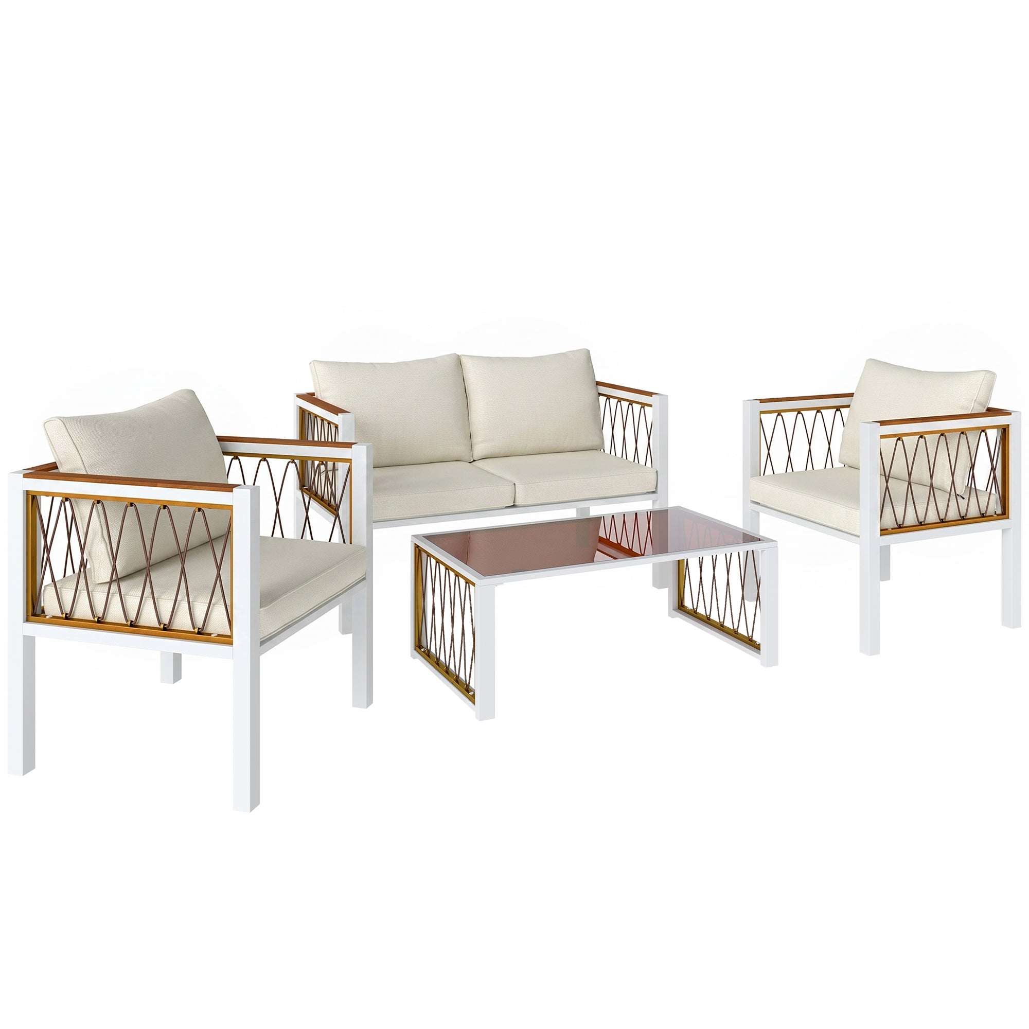 4 Piece Rattan Garden Furniture Set with Loveseat, 2 Armchairs, Table, Metal Frame Patio Conversation Set, Cream White