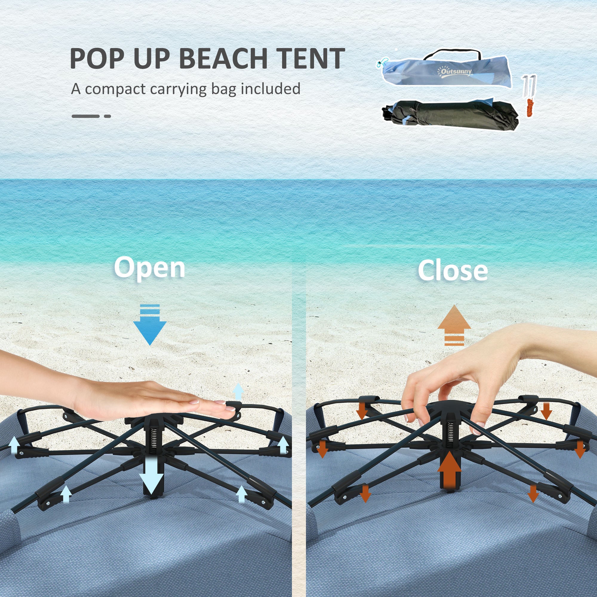 2-3 Person Pop Up Beach Tent, UPF15+ Sun Shelter with Extended Floor, Sandbags, Mesh Windows and Carry Bag, Light Blue