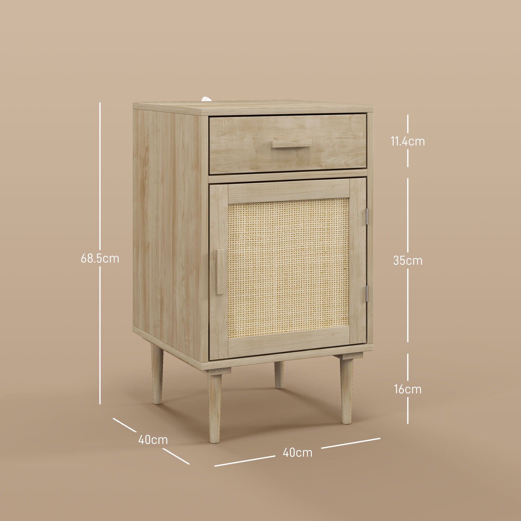 Bedside Tables Set of 2, Rattan Side Tables with Drawer, Cabinet and Adjustable Shelf, Boho Bedside Cabinets with Storage for Bedroom, Living Room, Natural Wood Finish