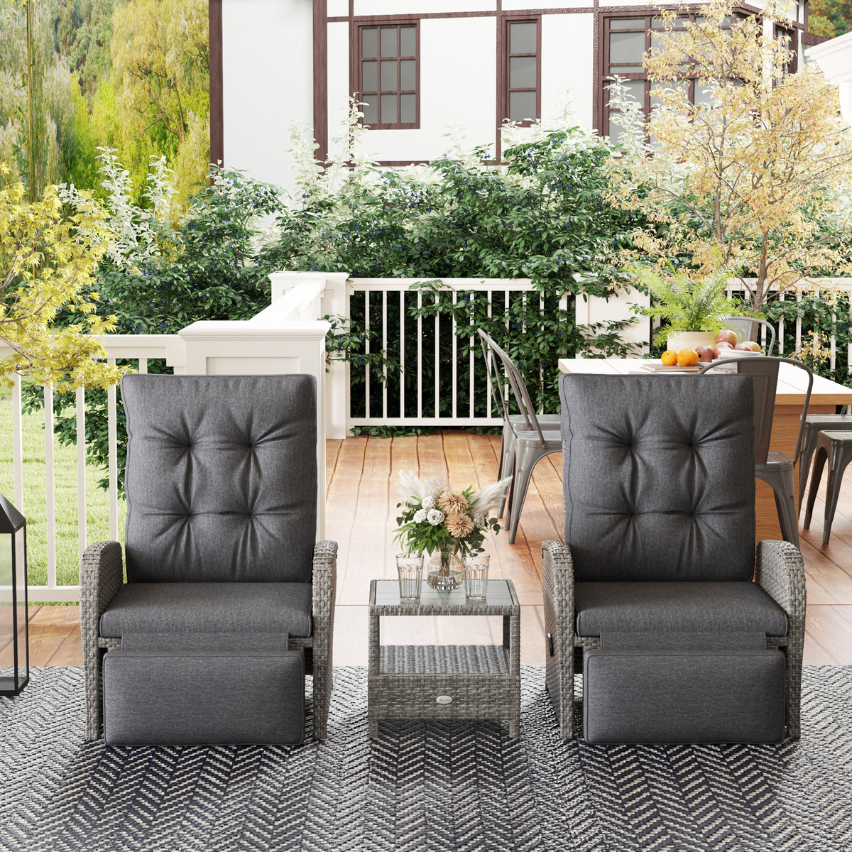 2 Seater Patio Rattan Wicker Chaise Lounge Sofa Set with Cushions and Coffee Table - Grey