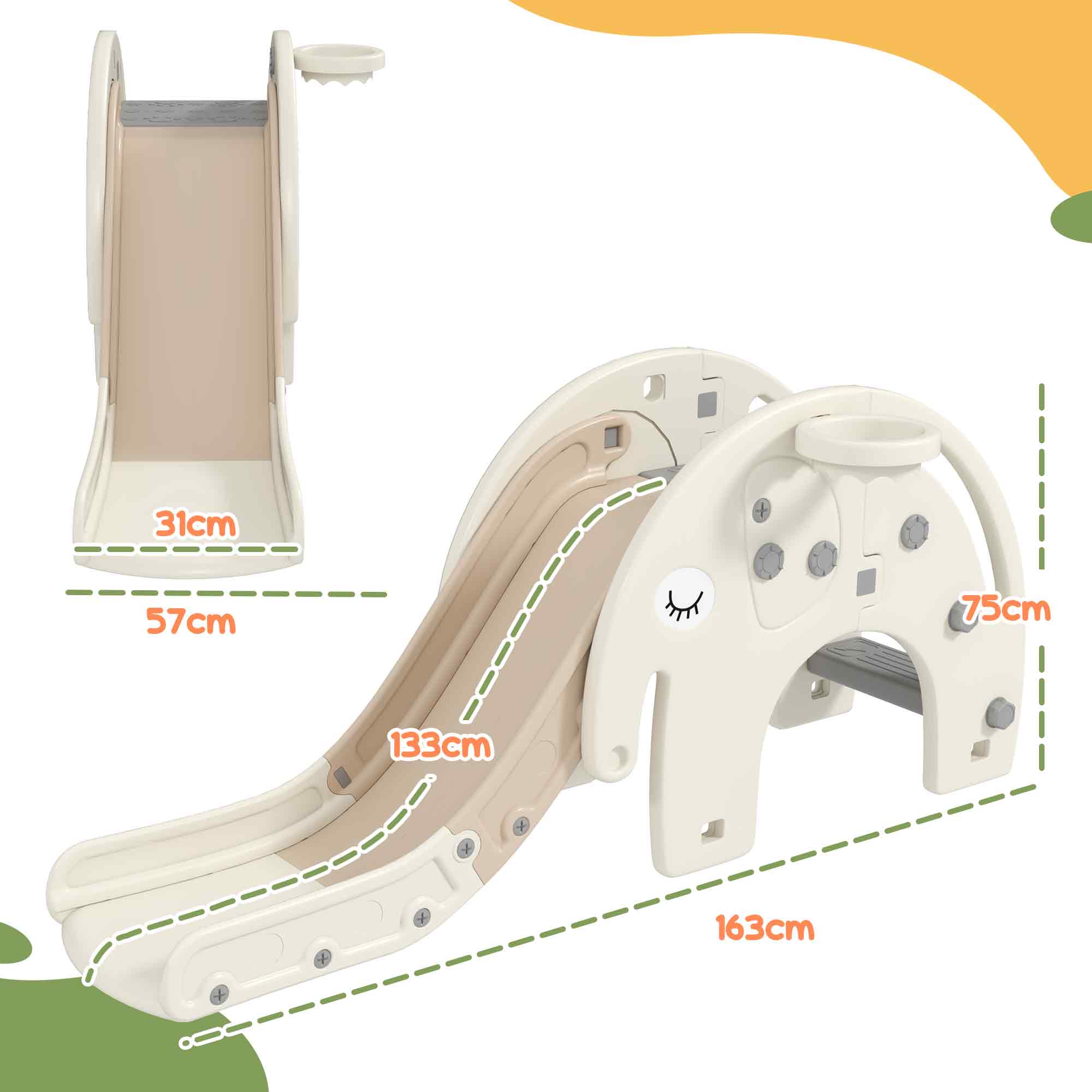 3 in 1 Toddler Slide with Basketball Hoop, Climber, Elephant-Themed, for 1-3 Years, Cream White