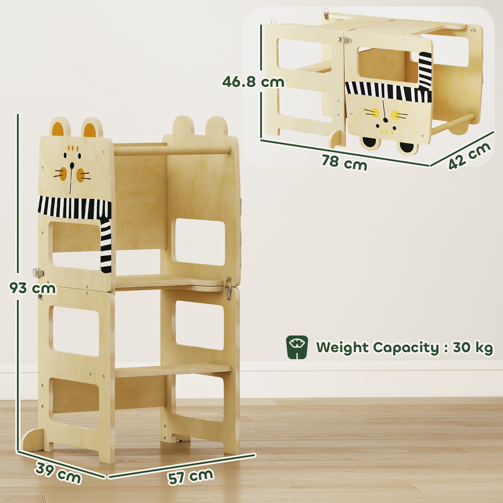 Toddler Step Stool, Standing Tower with Chalkboard, 3-in-1 Cat-Shaped Step Stool for Kitchen Counter, Natural