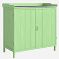Wood Garden Storage Cabinet, Outdoor Tool Shed, Potting Bench Table with galvanised Top and Two Shelves for garden Tools or Pool Accessories, Green