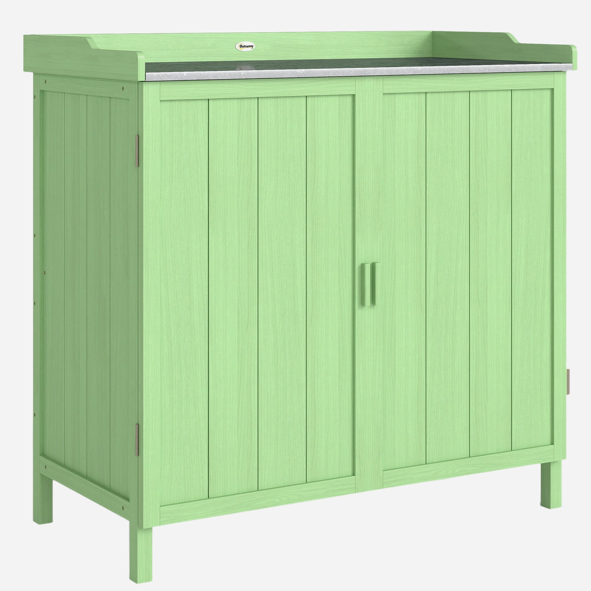 Wood Garden Storage Cabinet, Outdoor Tool Shed, Potting Bench Table with galvanised Top and Two Shelves for garden Tools or Pool Accessories, Green