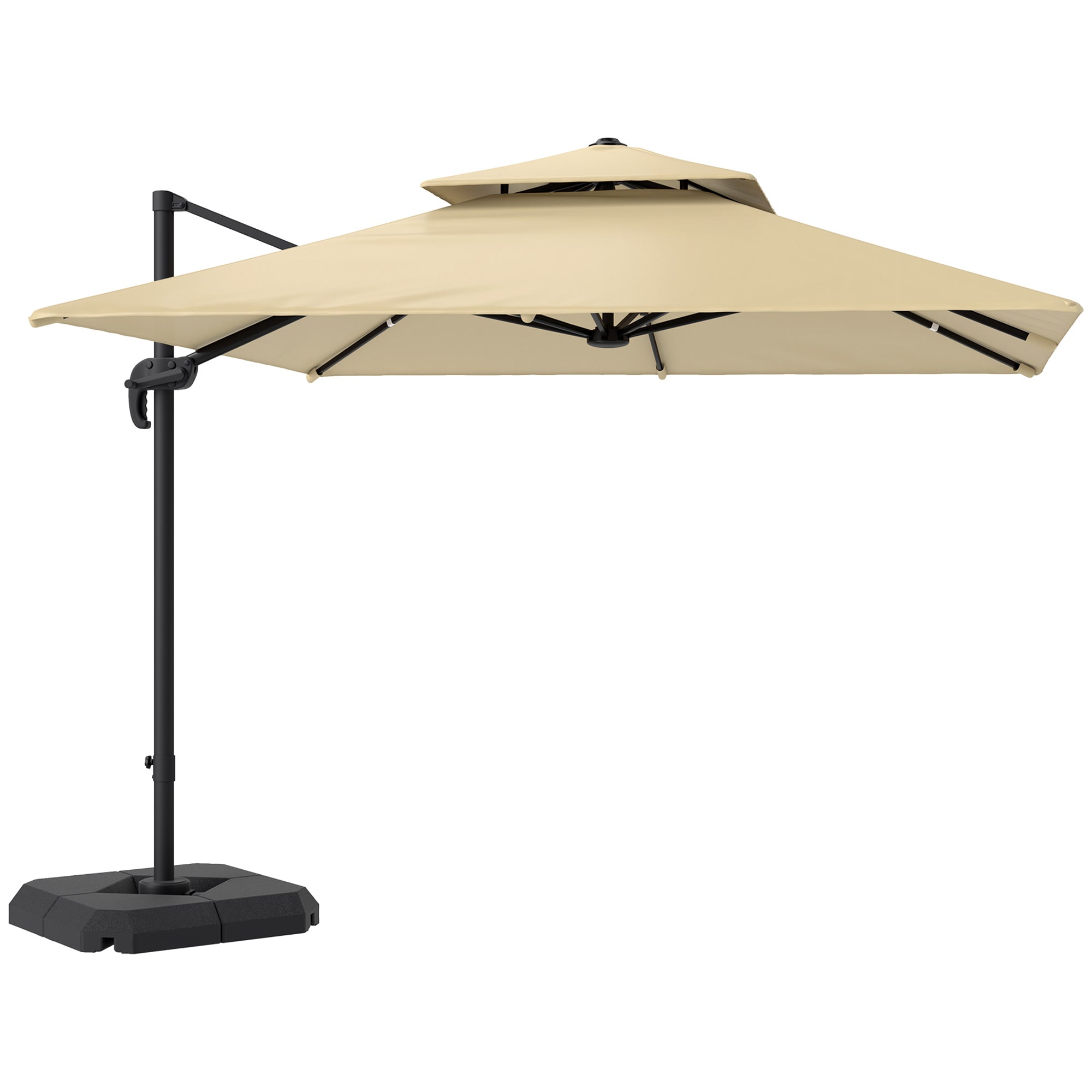 2.7 x 2.7(m) Cantilever Parasol with Aluminium Frame, Crank and Tilt, 360° Rotation, Double Top Garden Umbrella with Base and Cover, Khaki