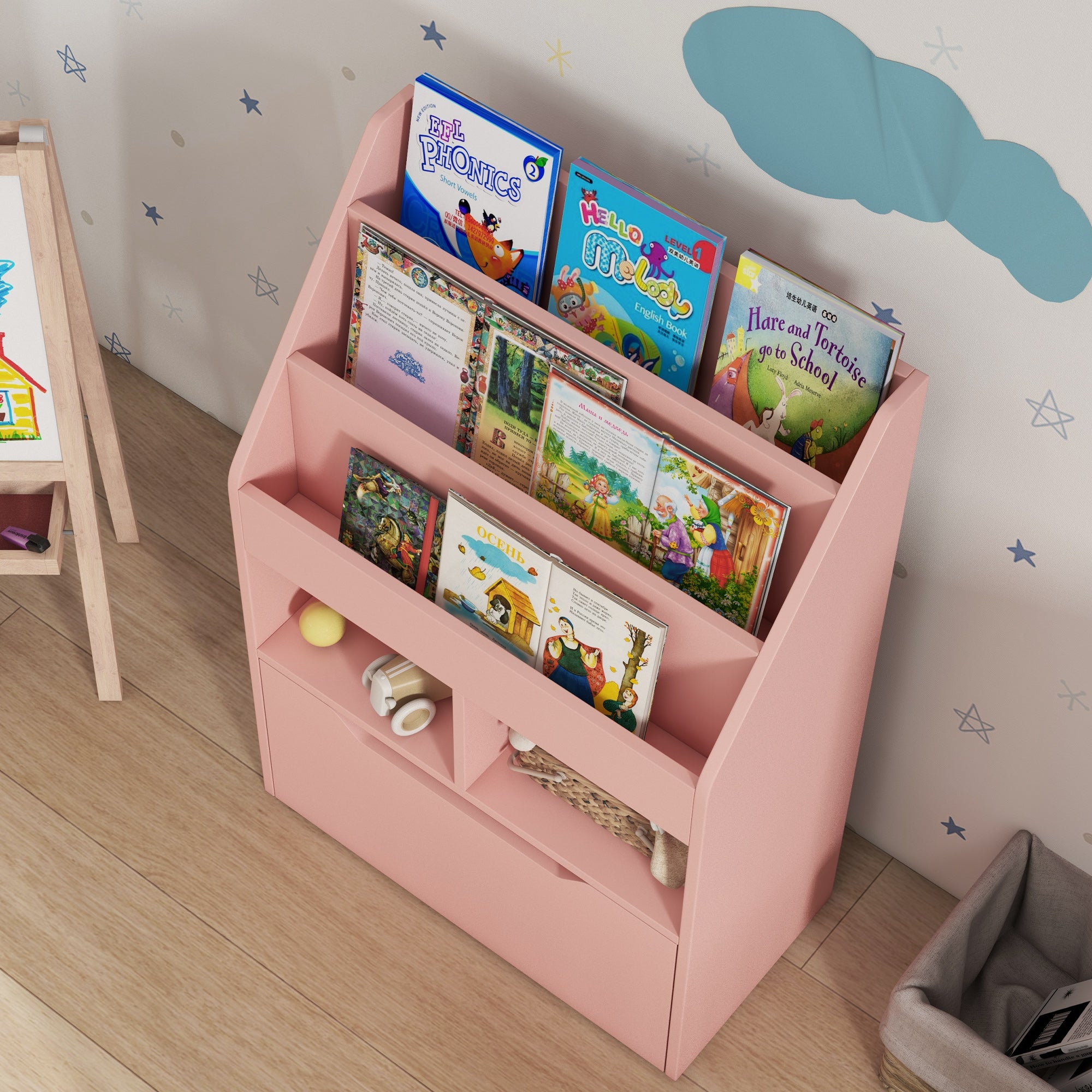 Kids Bookshelf with Storage Drawer and Wheels - Pink