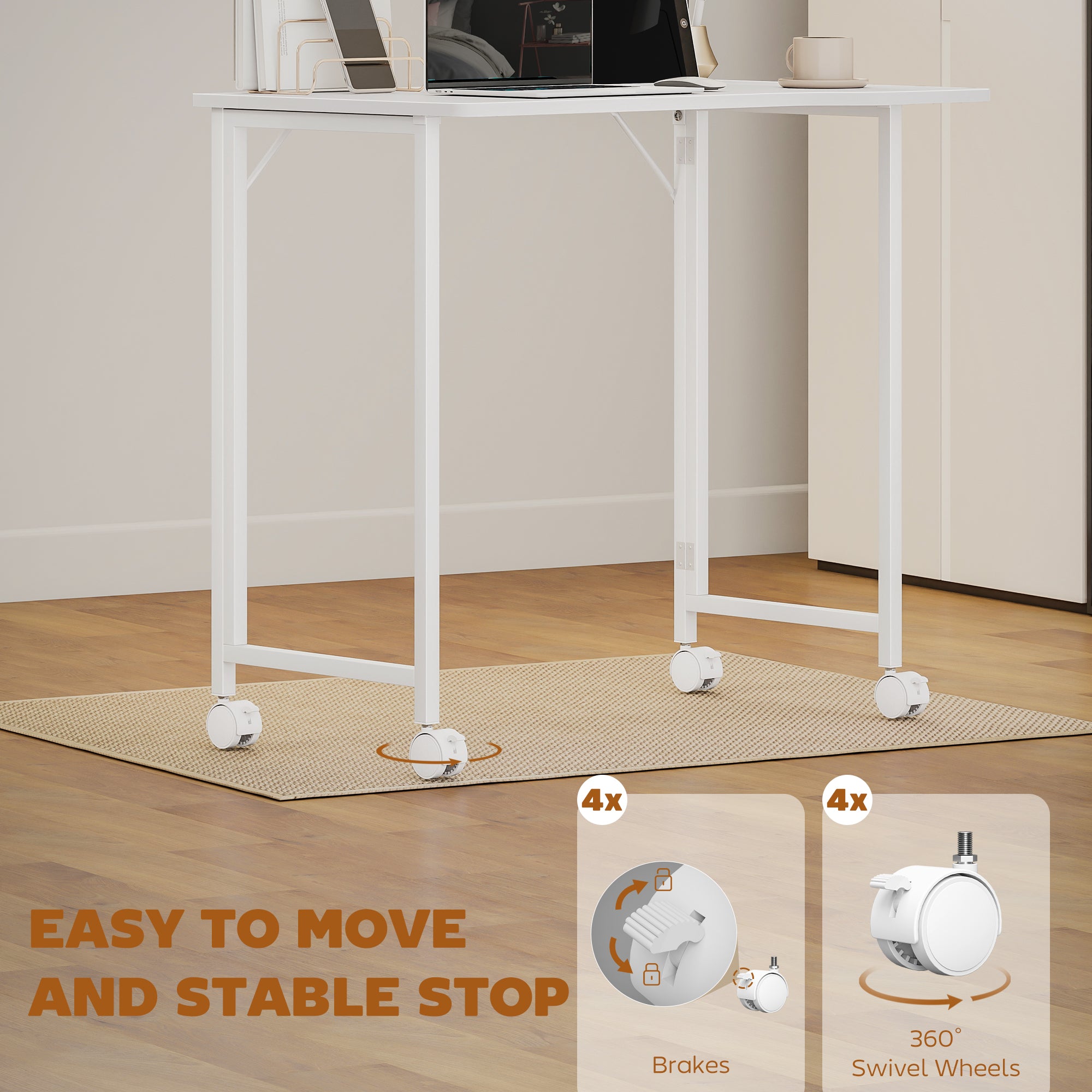 Small Folding Desk, with Wheels - White Wood-Effect