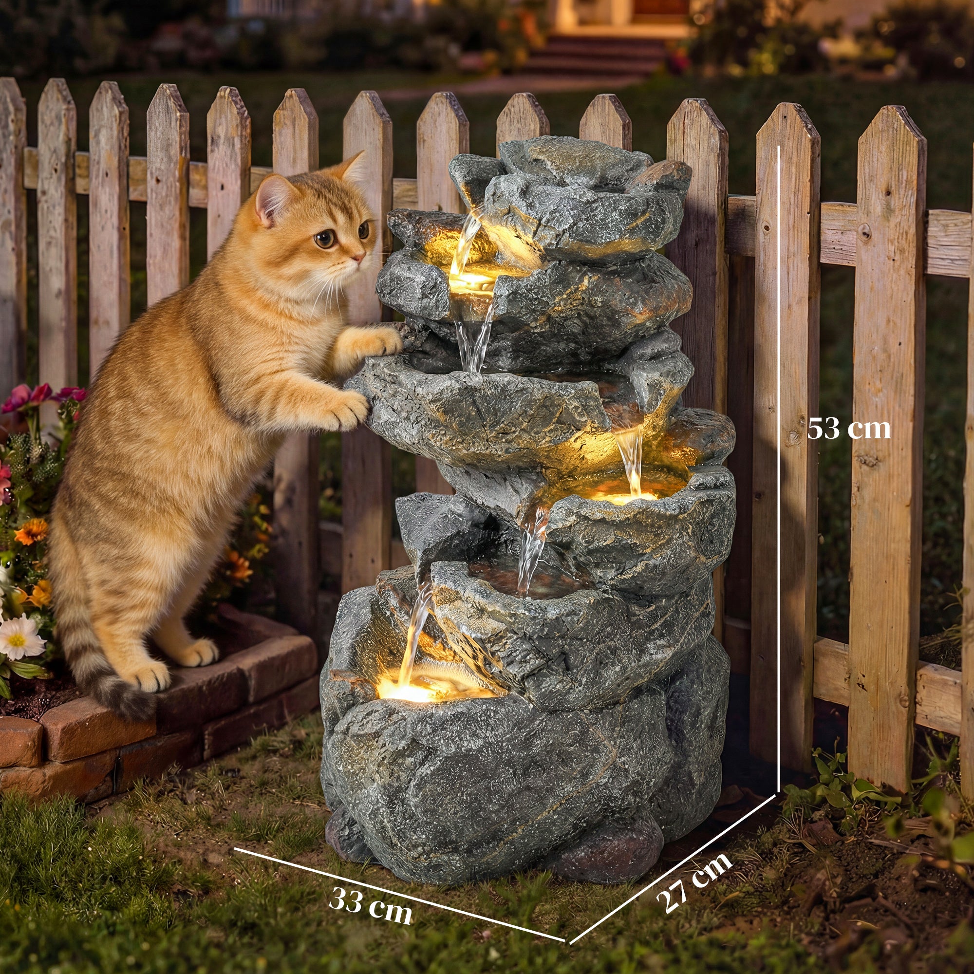 Outdoor Water Fountain with 6-Tier Rock Style, Cascading Waterfall Feature with LED Lights, Adjustable Flow, Grey