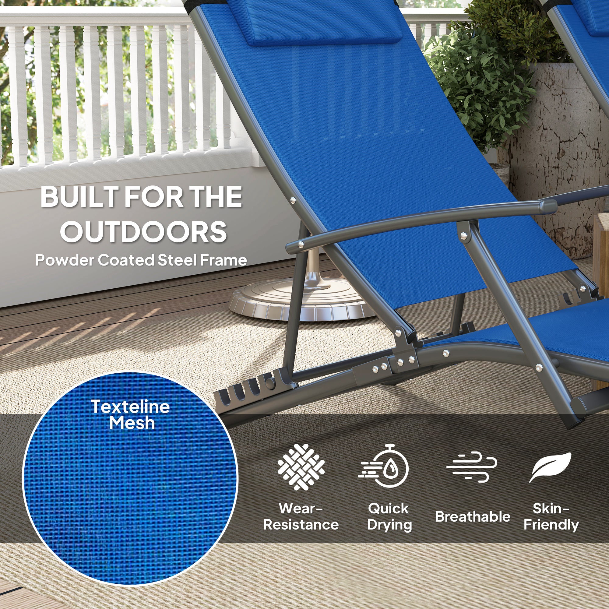 Set of 2 Adjustable Back Sun Loungers with Quick-Dry Mesh - Blue