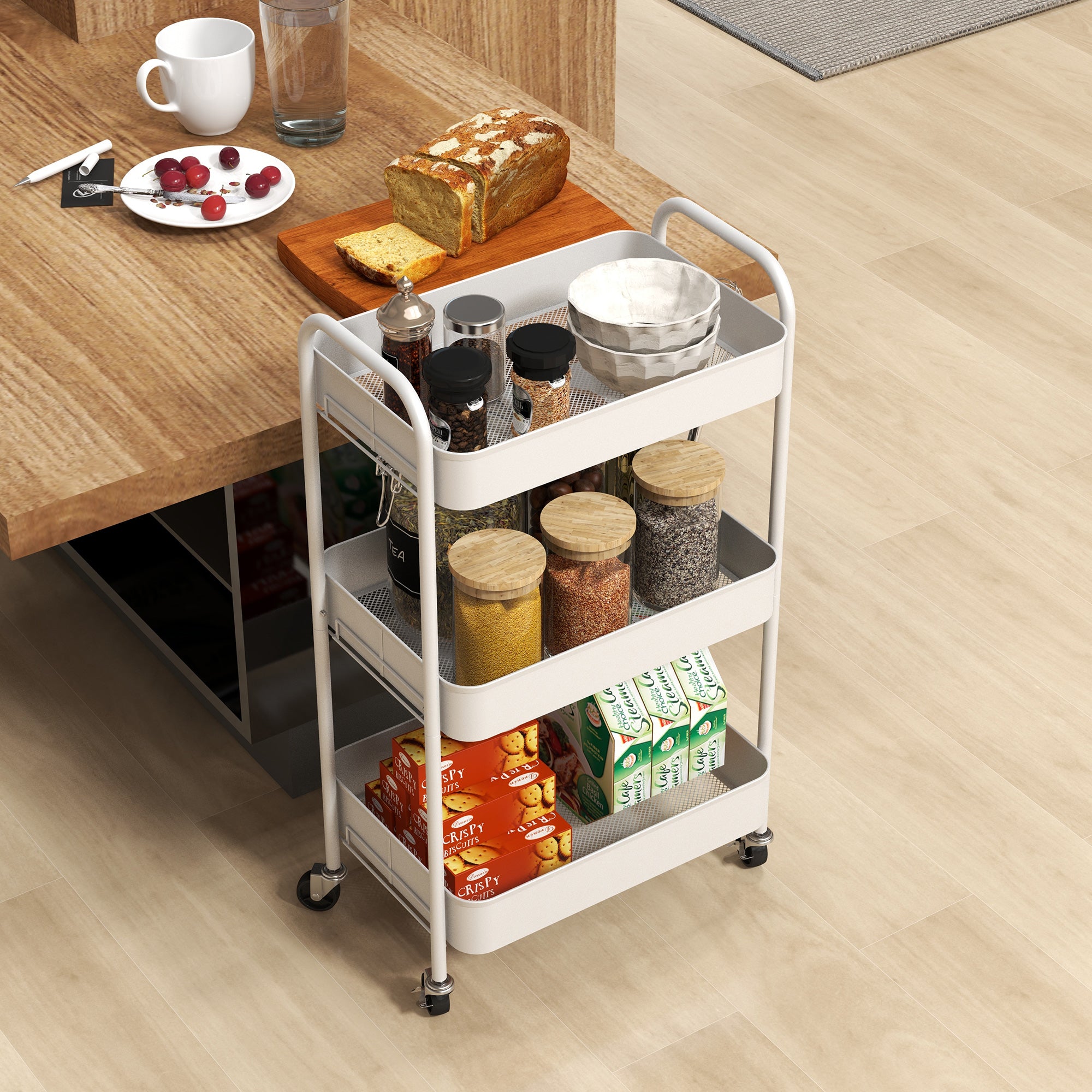 HOMCOM Three-Tier Steel Storage Trolley - White