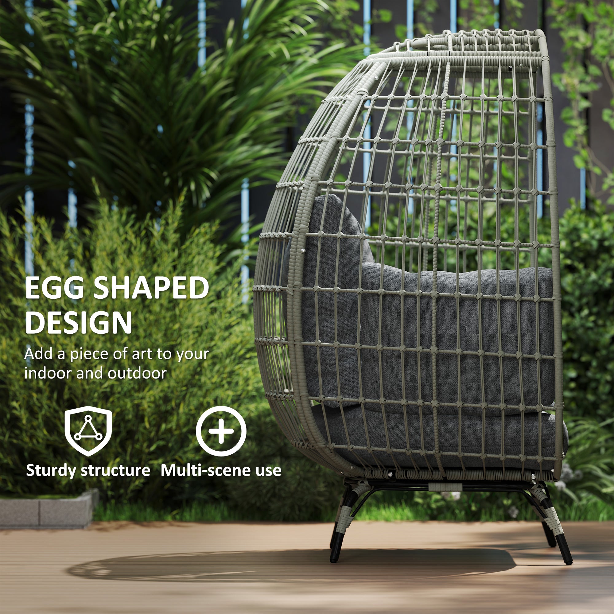 Rattan Egg Chair with Cushions and Pillows - Charcoal Grey