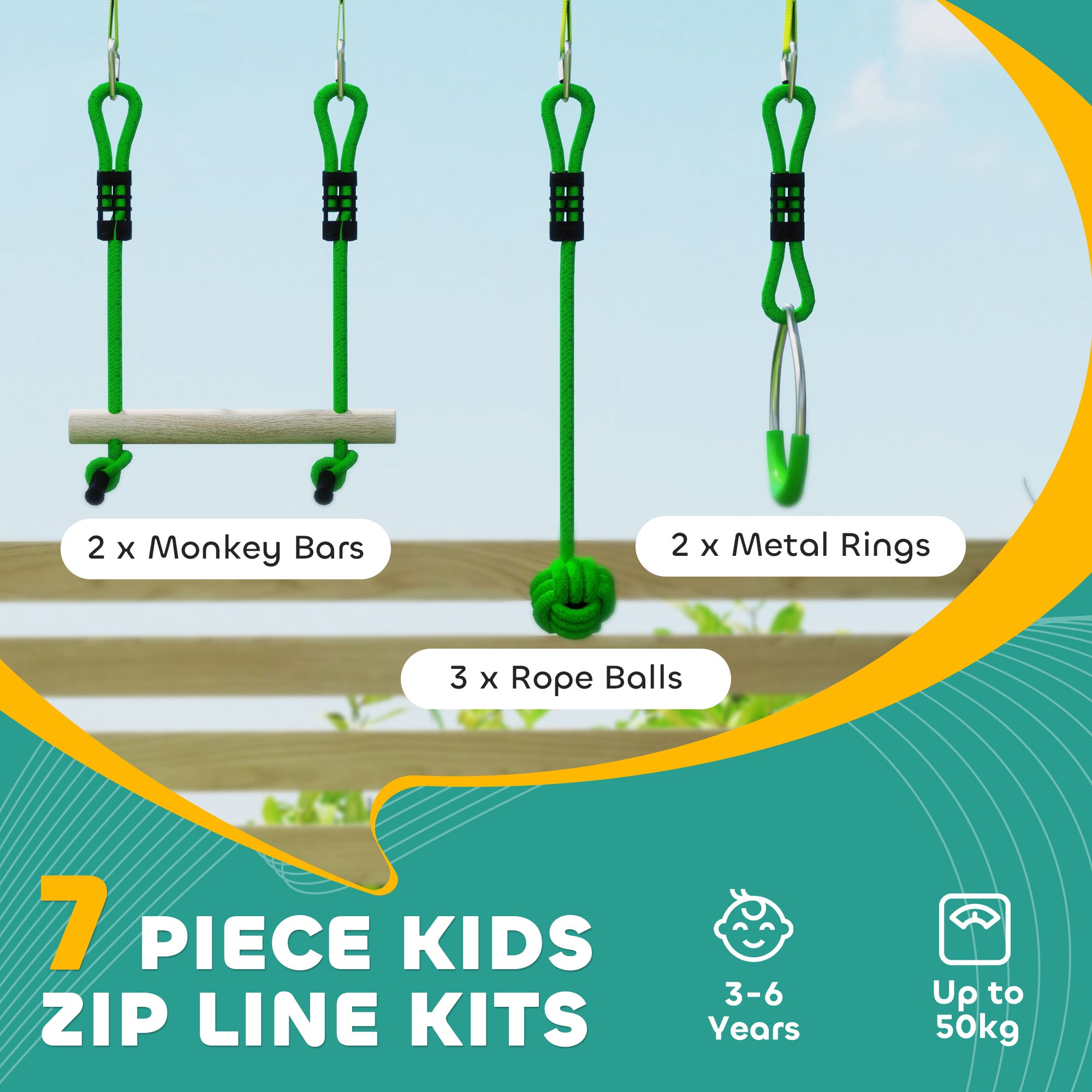 7 Piece Kids Zip Line Kit for Garden, 10m Kids Slackline Kit with Wooden Monkey Bars, Metal Rings, Gripping Balls, Green