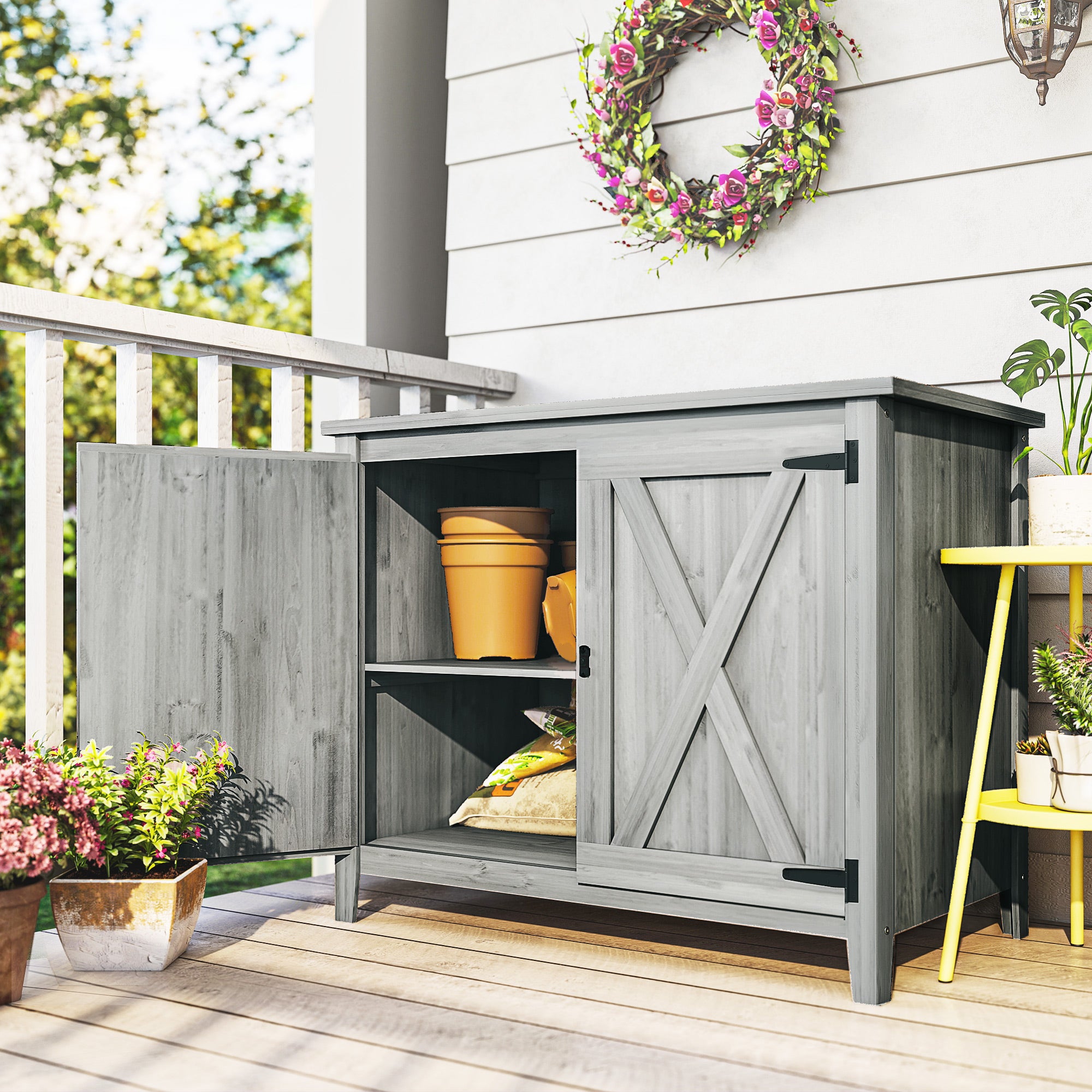 Wooden Garden Shed, Outdoor Fir Wood Storage Shed with Shelf and Double Doors, Light Grey