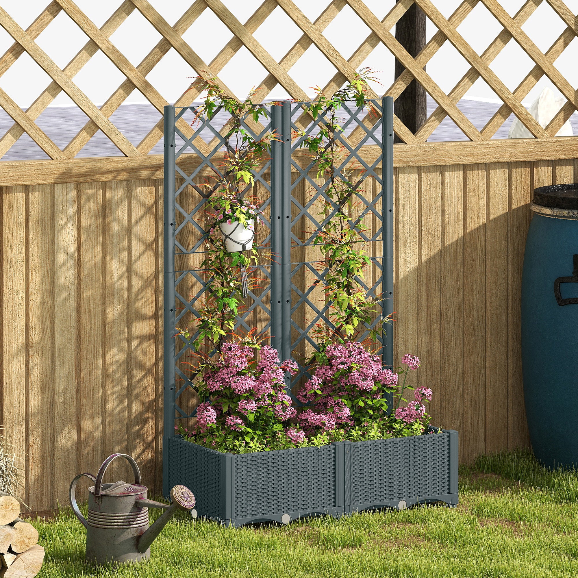 Raised Garden Bed with Trellis, Plastic Planter Box with Drainage Holes, Drain Plugs and Water Reservoirs for Climbing Plants, Vegetables, Flowers, Grey