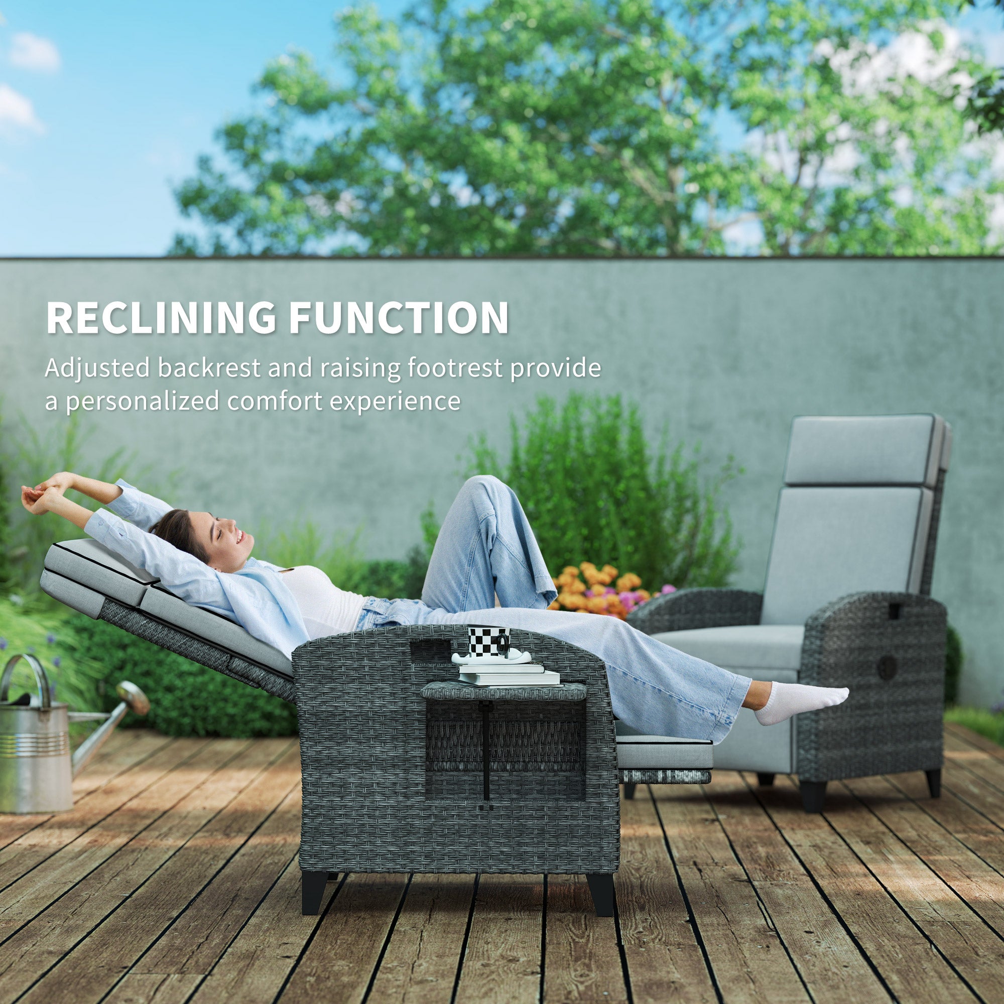 Outdoor Recliner Chair with Adjustable Backrest, Footrest, Cushion & Side Tray - Light Grey