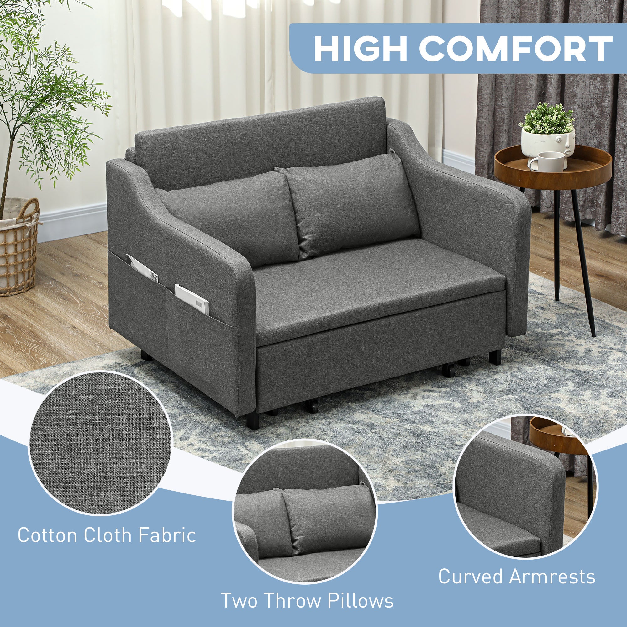 Two-Seater Pull-Out Sofa Bed with Pillows and Storage Pockets - Grey