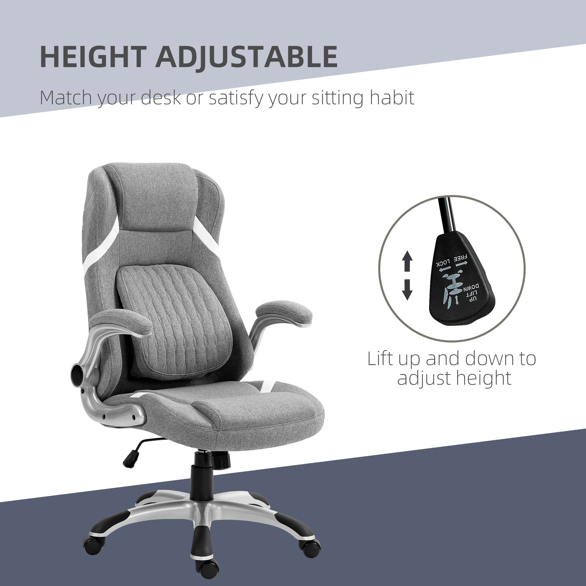 Linen-Look Office Chair, with Adjustable Height and Tension - Grey