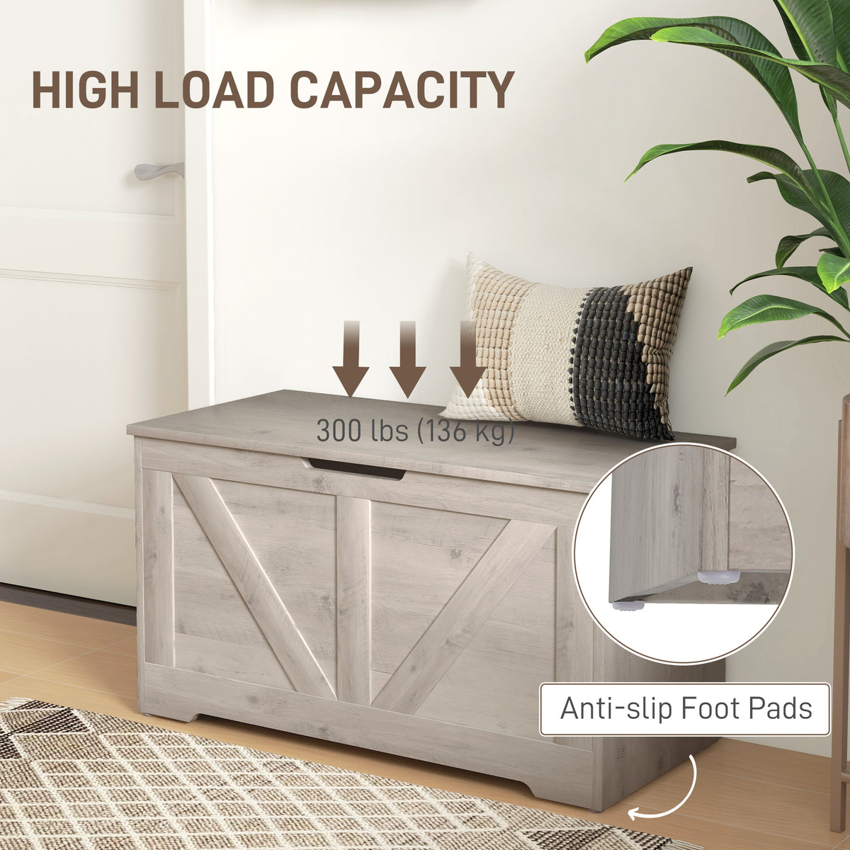 100L Home Storage Box with Safety Hinges - Grey Wood-Effect