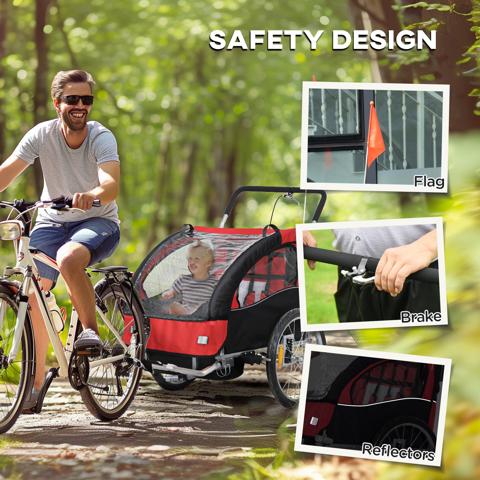 2 Seat Bike Trailer with 5 Point Harness, Baby Bike Stroller with Safety Flag, Reflectors, for 18+ Months, Red
