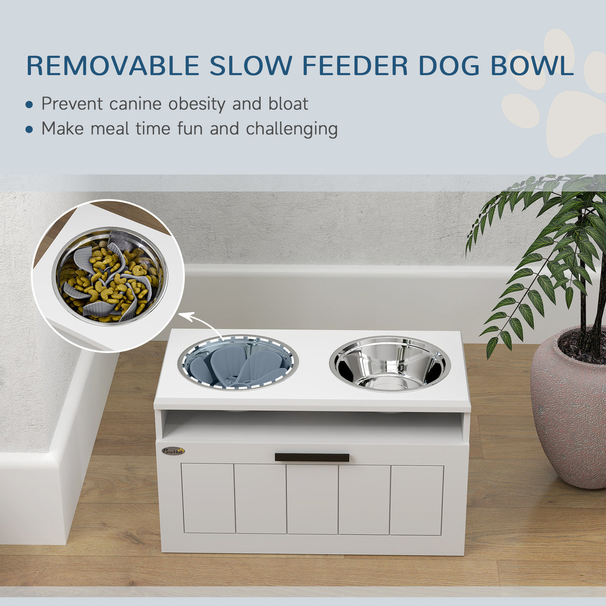 Raised Dog Bowl with Slow Feeder and Drawer, Two Stainless Steel Bowls for Large & Extra Large Dogs - White