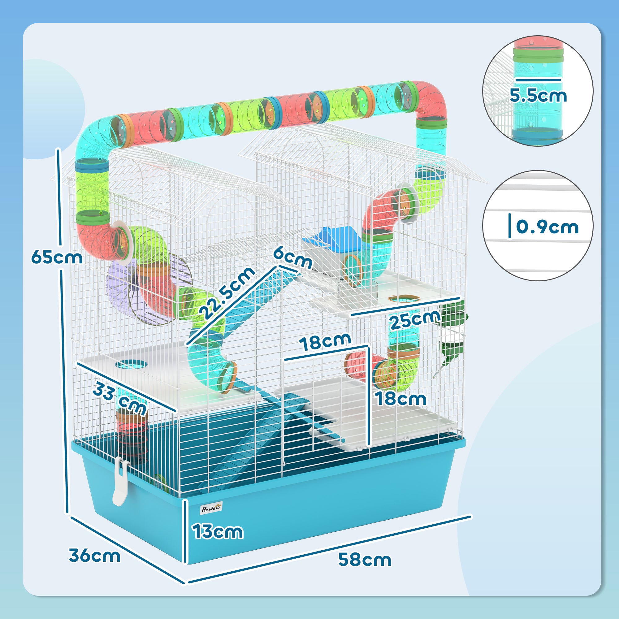 4 Tier Hamster Cage w/ Tubes, Exercise Wheel, Hut, Water Bottle, Food Dish, Ramps, for Drawf, 58 x 36 x 65cm, Light Blue