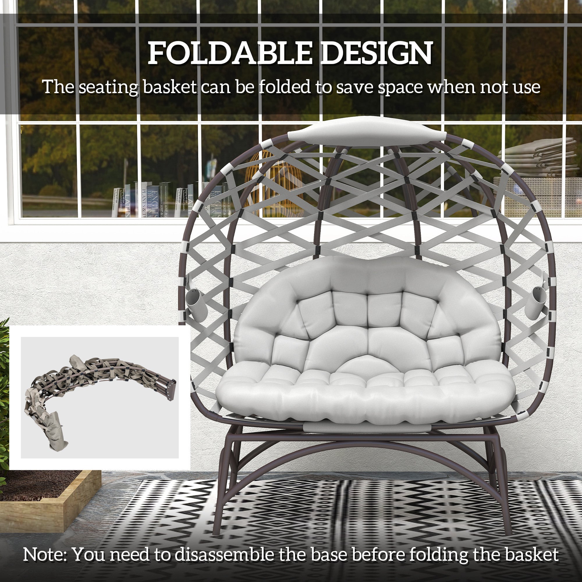 2 Seater Folding Egg Chair with Cushions and Cup Pockets - Light Grey