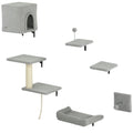 6-Piece Cat Wall Shelves Set with Condo, Cat Wall Furniture with Platforms, Sisal Scratching Post, Bed, Toy Ball, Grey