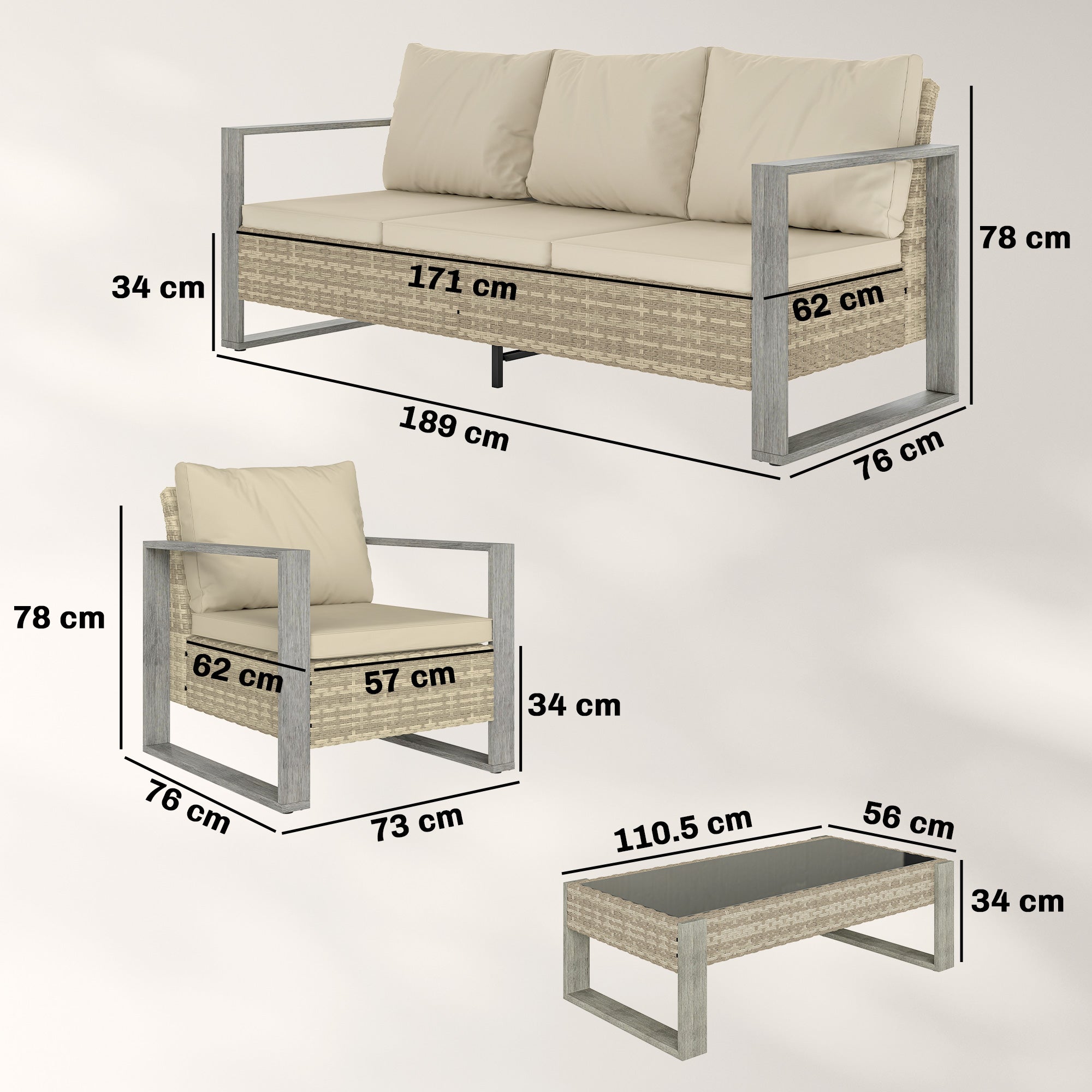 Rattan Garden Set, 4 Piece Rattan Garden Furniture Set with 3-Seater Sofa, Armchairs, Table, Aluminium Frame Patio Furniture, Khaki