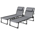 Portable Folding Sun Lounger Set of 2 with 5-Position Reclining Backrest, Side Pocket & Pillow - Grey