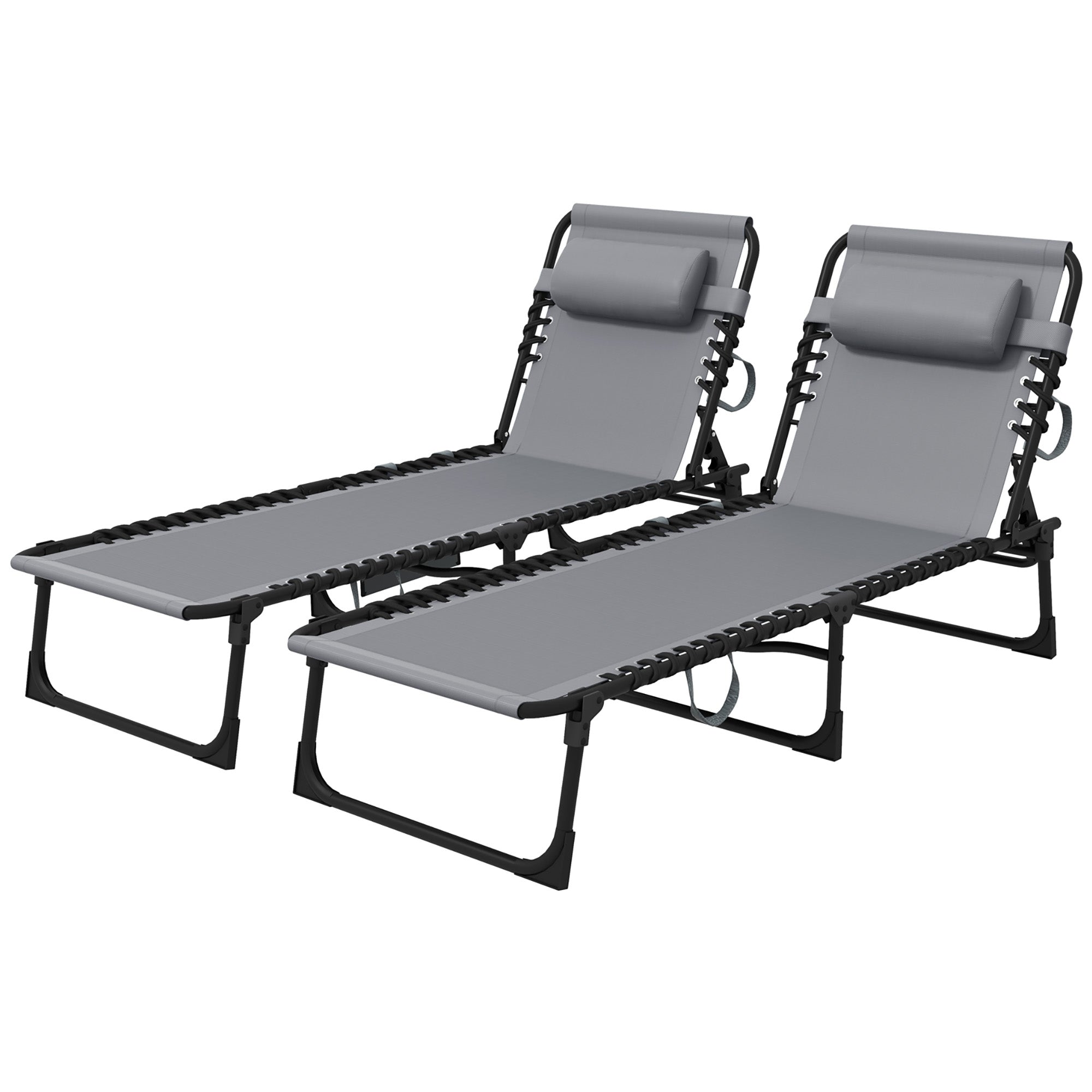 Portable Sun Lounger Set of 2, Folding Camping Bed Cot, Reclining Lounge Chair 5-position Adjustable Backrest with Side Pocket, Pillow for Patio Garden Beach Pool, Grey