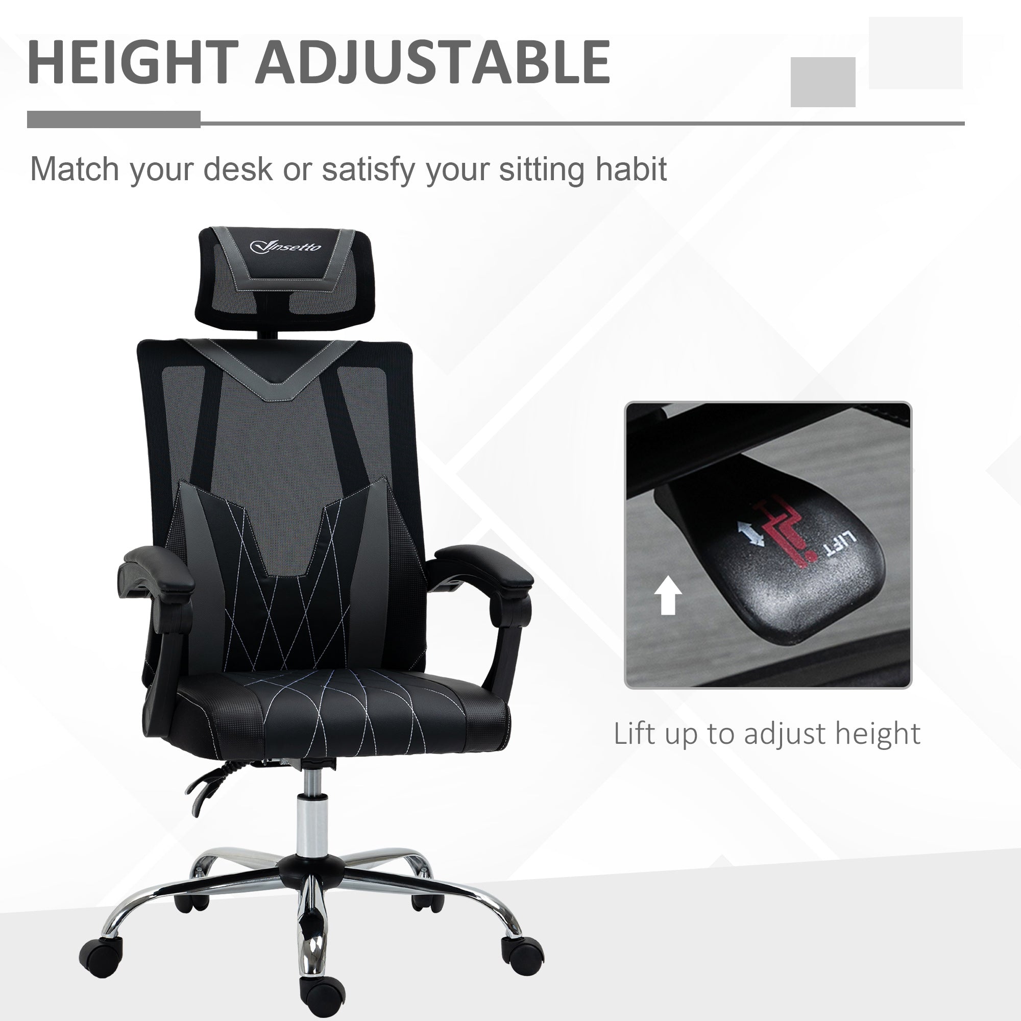 Office Chair Ergonomic Desk Chair with Rotate Headrest, Lumbar Support & Adjustable Height, 360° Swivel Computer Chair