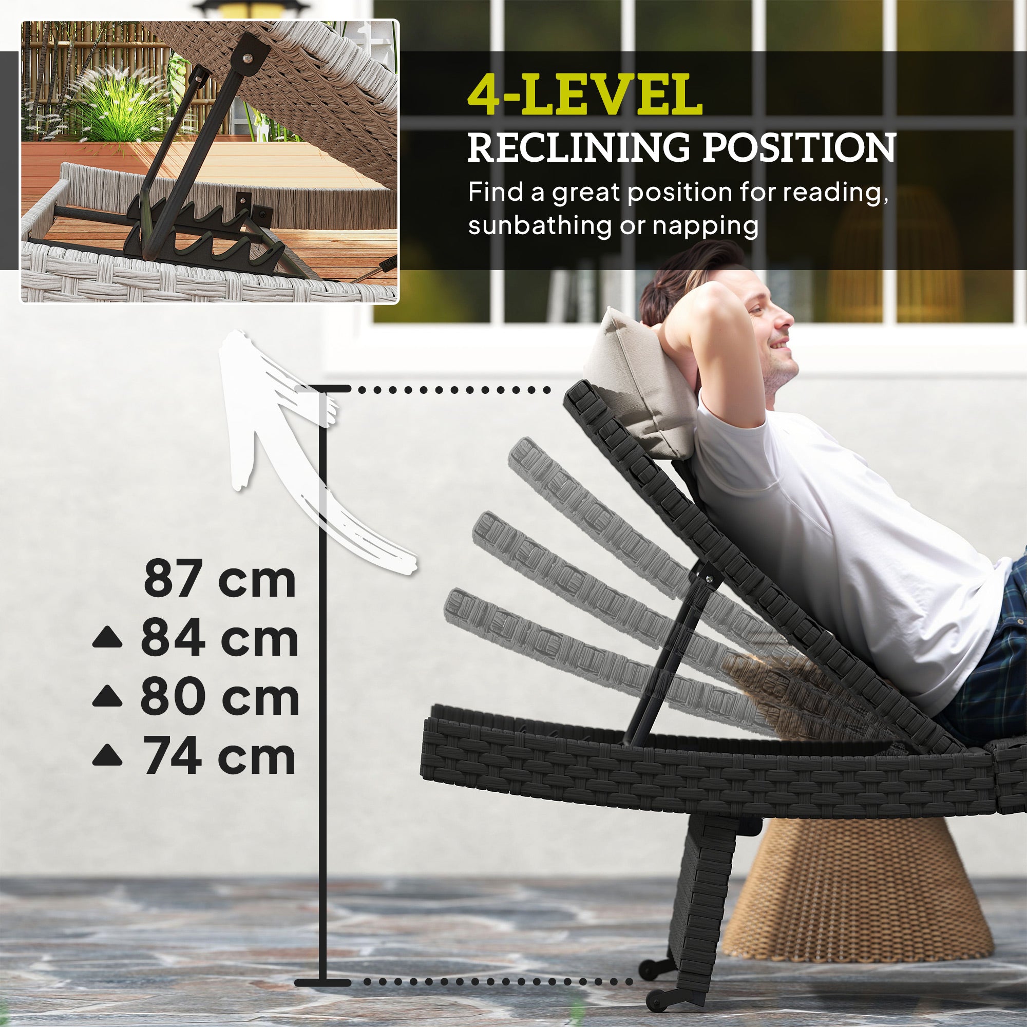 1 Piece Outdoor PE Rattan Sun Lounger with Wheels - Black