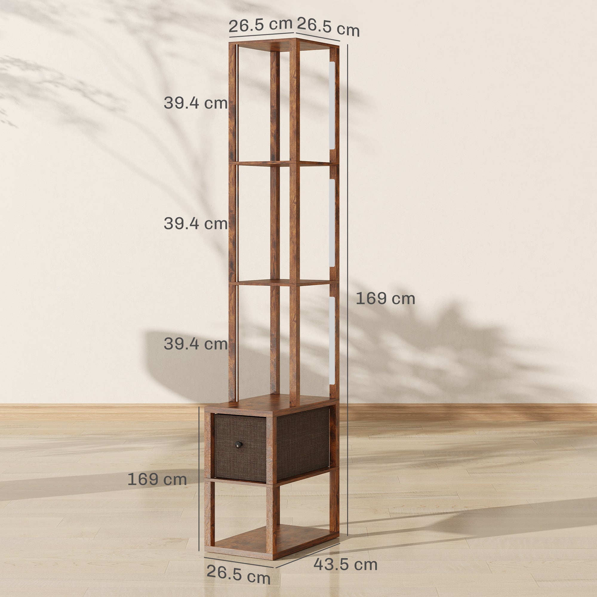 Floor Lamp with Shelves, LED Column Modern Standing Lamp with Fabric Drawer, Adjustable Brightness, Foot Switch for Living Room, Bedroom, Office, Rustic Brown