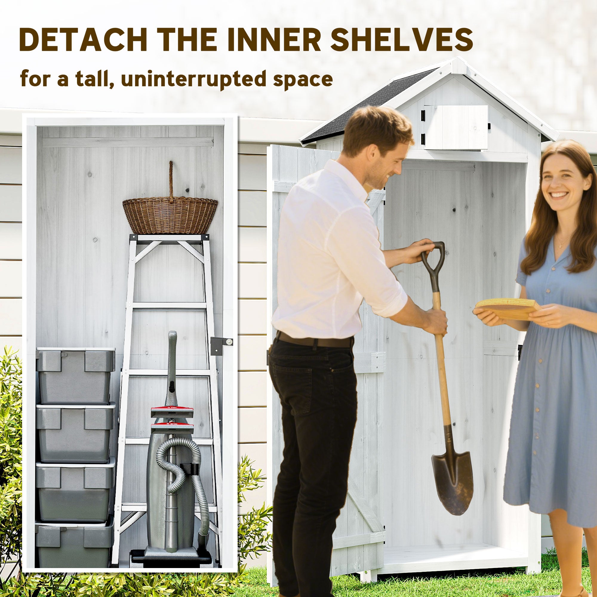 Small Shed, Tall Slim Wooden Garden Shed with 3 Removable Shelves and Roof Hatch, Compact Outdoor Tool Storage Cabinet with Asphalt Roof and Door Latch, 77 x 54.2 x 179 cm, Light Grey