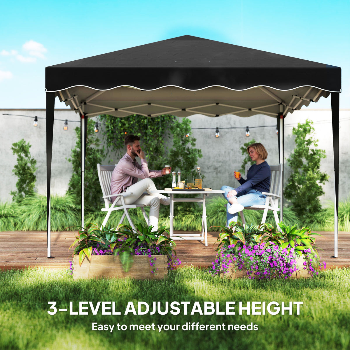 Set of 3 Adjustable Height Pop-Up Gazebos with Carry Bags - Black