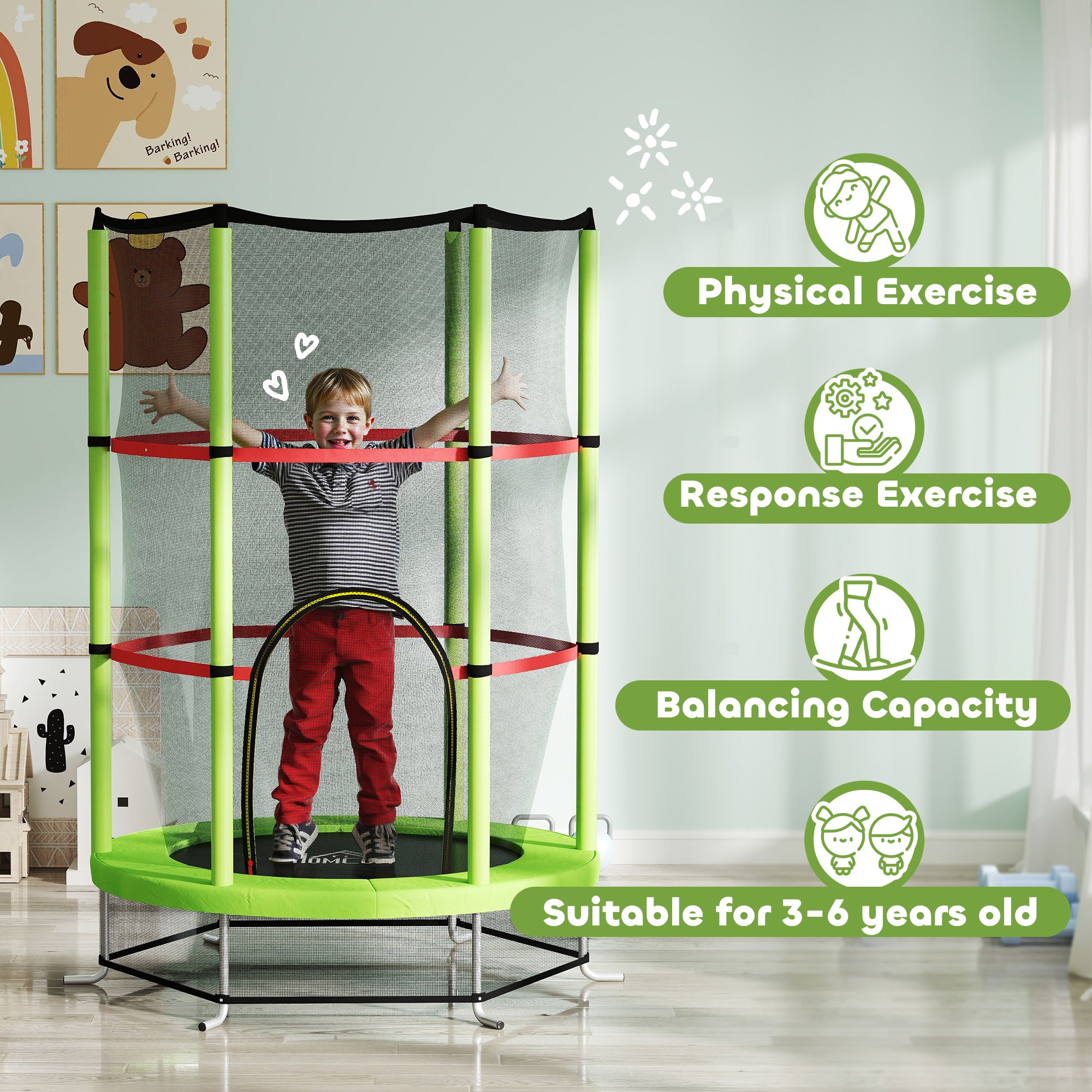 Kids Trampoline, with Enclosure Net, Steel Frame, for Ages 3-6 Years - Green