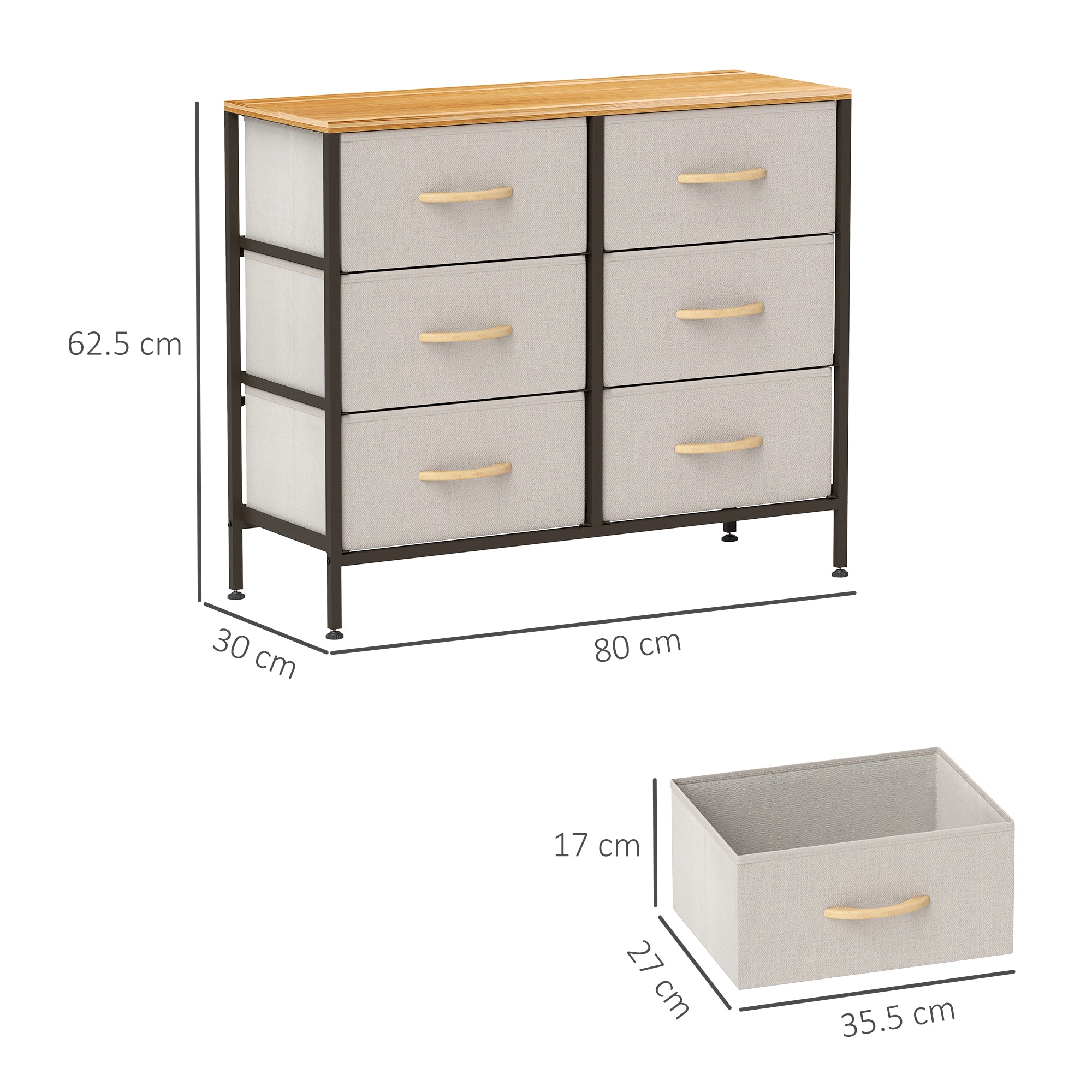 Fabric Chest of Drawers with 6 Storage Drawers, Steel Frame & Wooden Top - Cream White