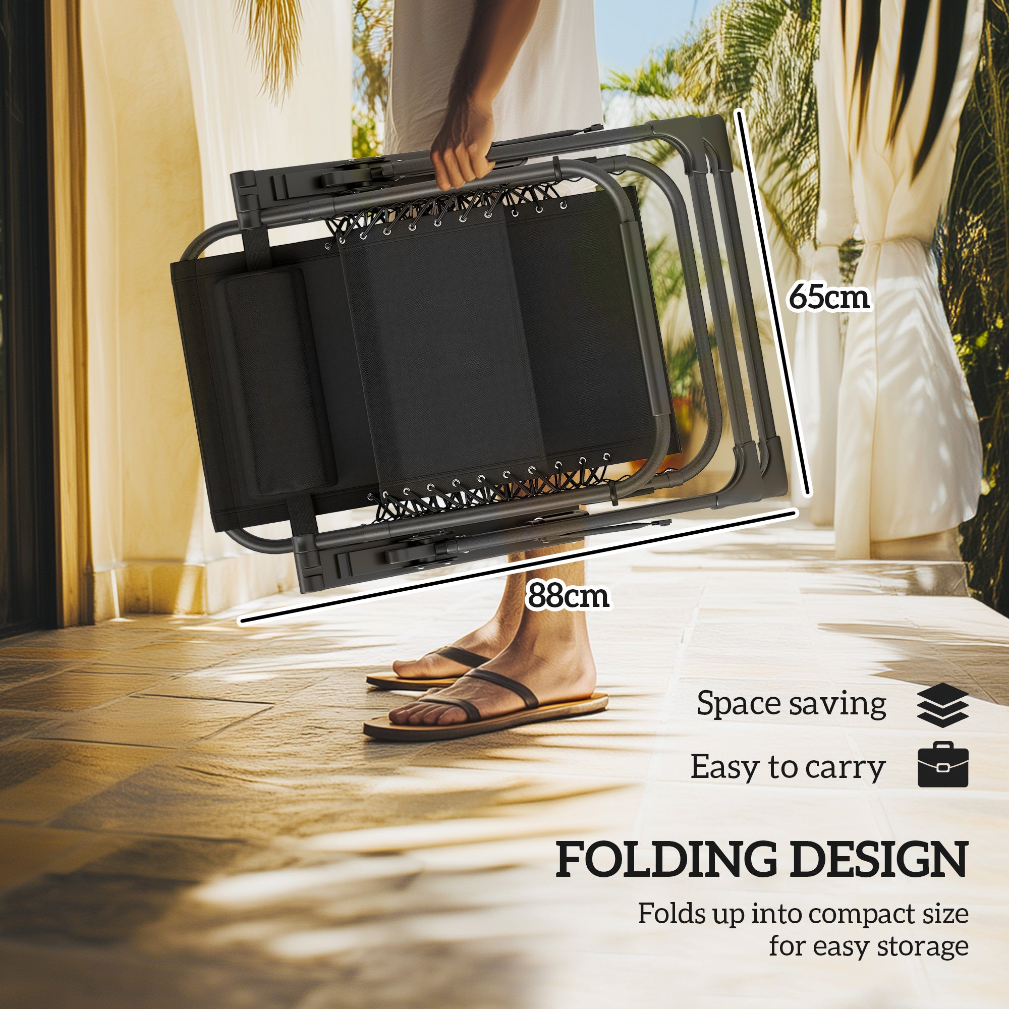 Set of Two Reclining Sun Loungers, with Cushion - Black