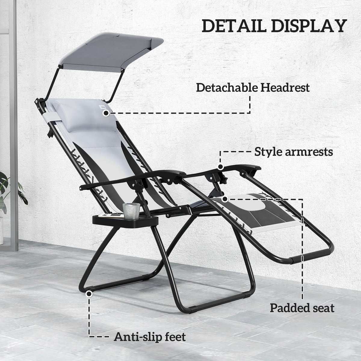 Set of 2 Zero Gravity Reclining Lounger Chairs with Adjustable Shade Cover - Light Grey