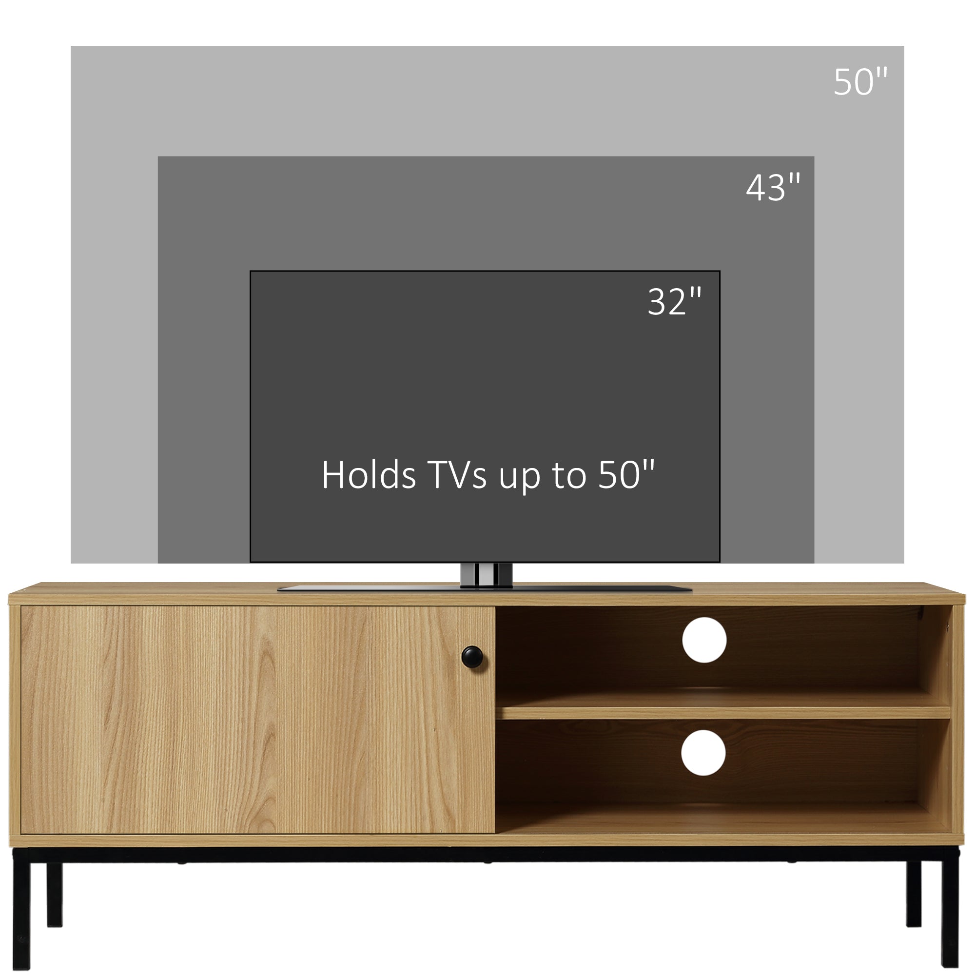 Retro TV Stand Cabinet for TVs up to 50", TV Unit with 3 Compartments, Cable Management, TV Cabinet with Sliding Door for Living Room, Natural Wood Finish