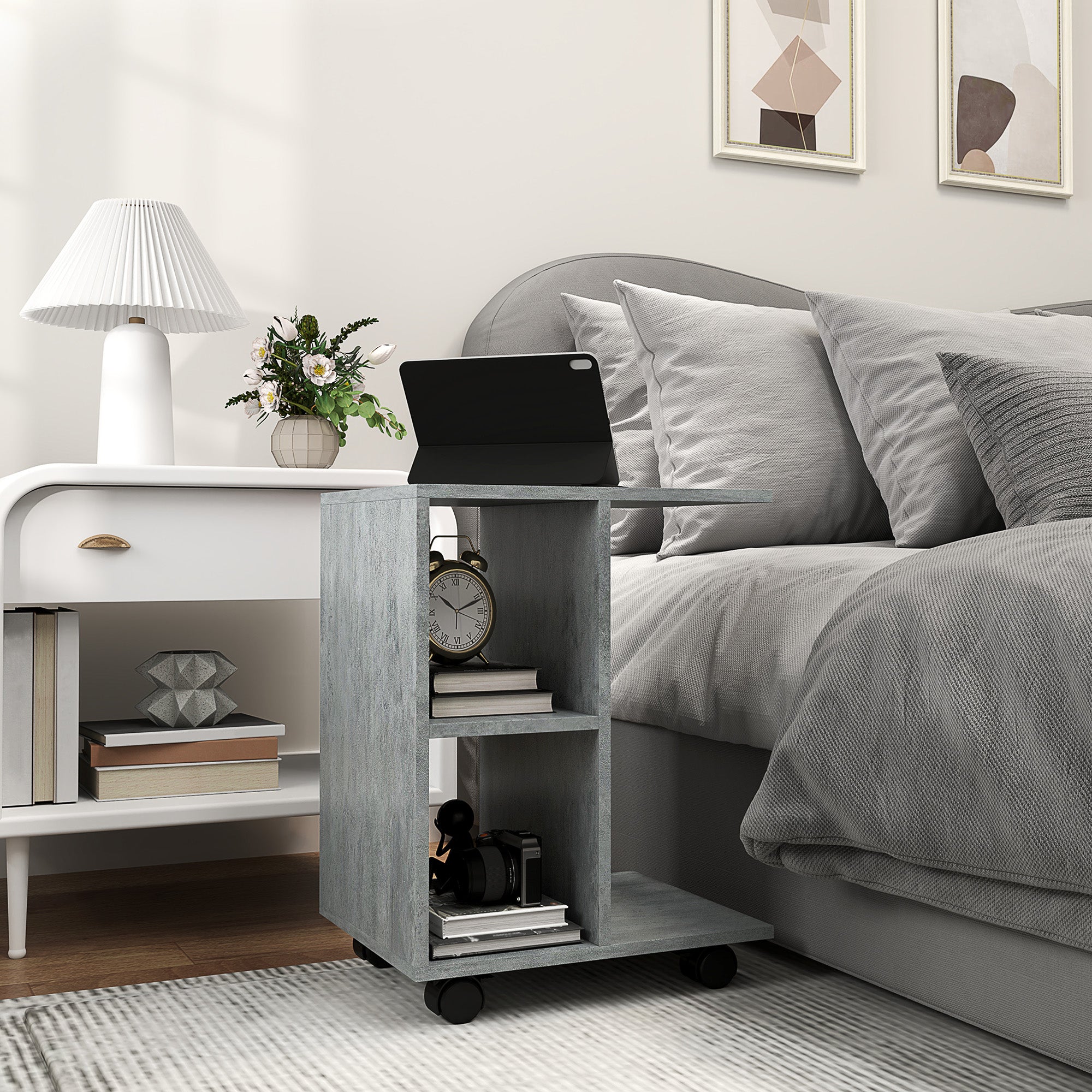 C-Shape End Table Unique Storage Unit w/ 2 Shelves 4 Wheels Freestanding Home Office Furniture Cabinet Square Studio Grey